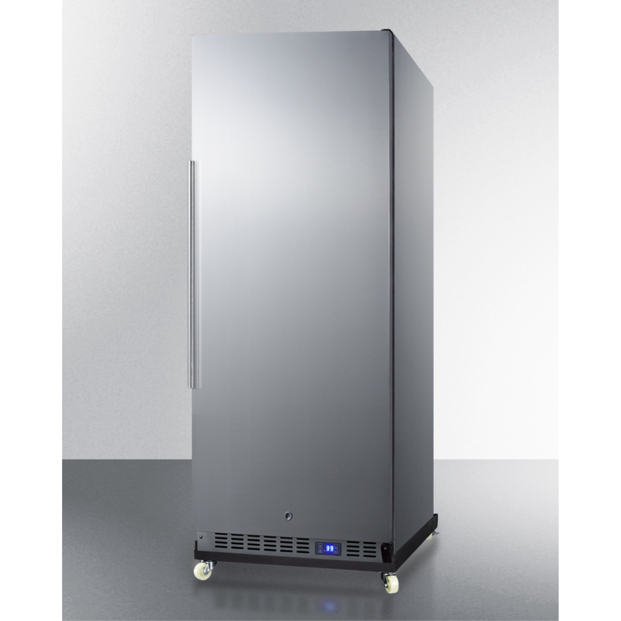 10.1 cu.ft. reach-in commercial all-refrigerator with stainless steel interior, wheels, and tray holders
