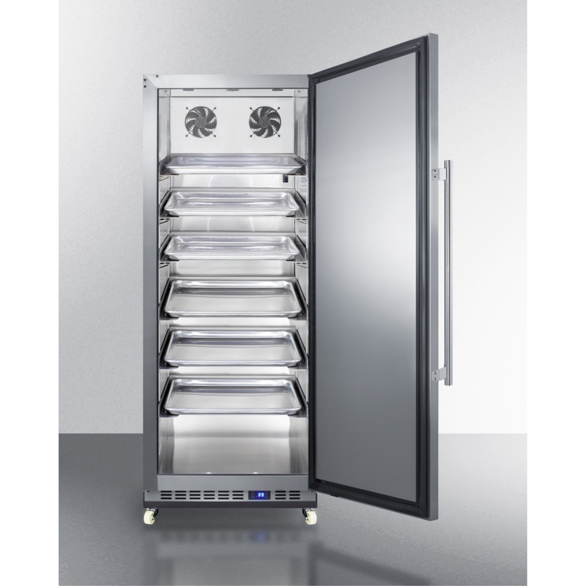 10.1 cu.ft. reach-in commercial all-refrigerator with stainless steel interior, wheels, and tray holders