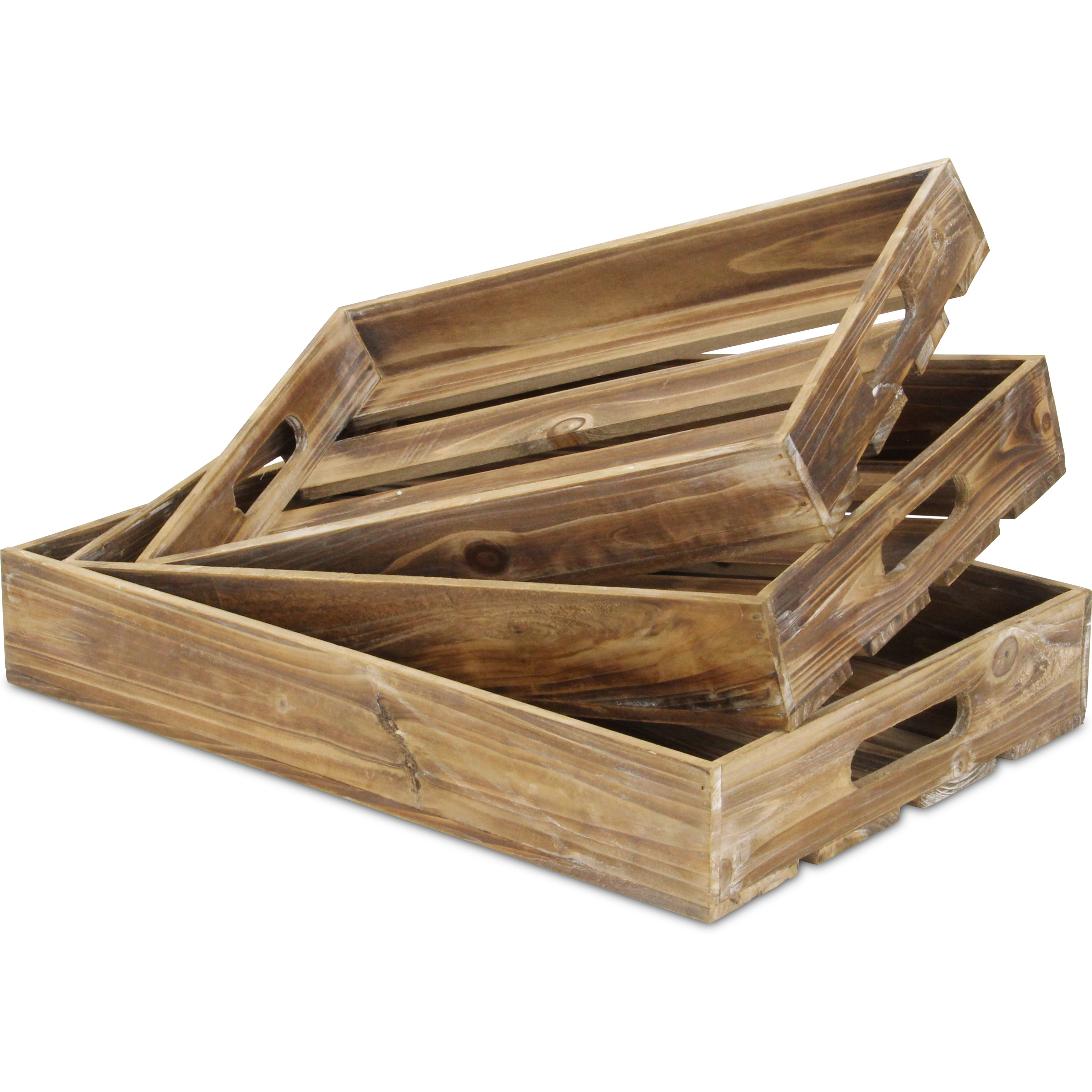 Nora Set of 3 Slatted Wood Trays - Brown