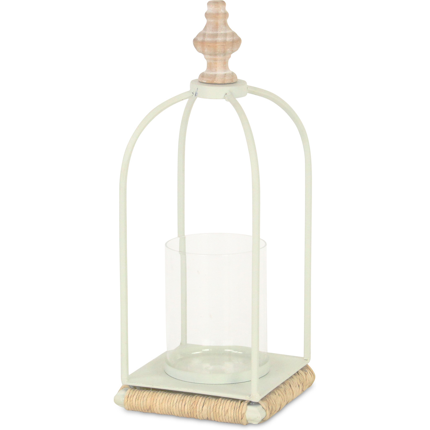Thistledale White Metal Lanter with Wood & Rope Accents