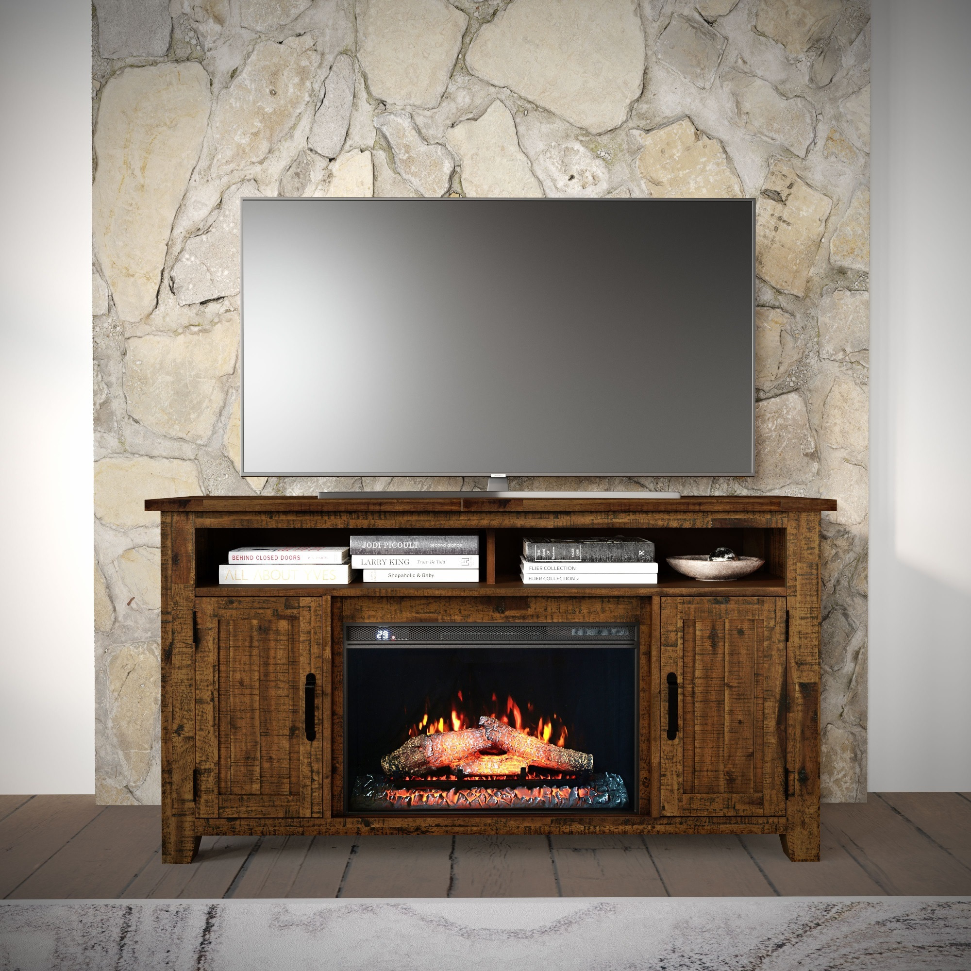Cannon Valley Industrial Modern 60" Storage Console TV Stand with Electric Fireplace
