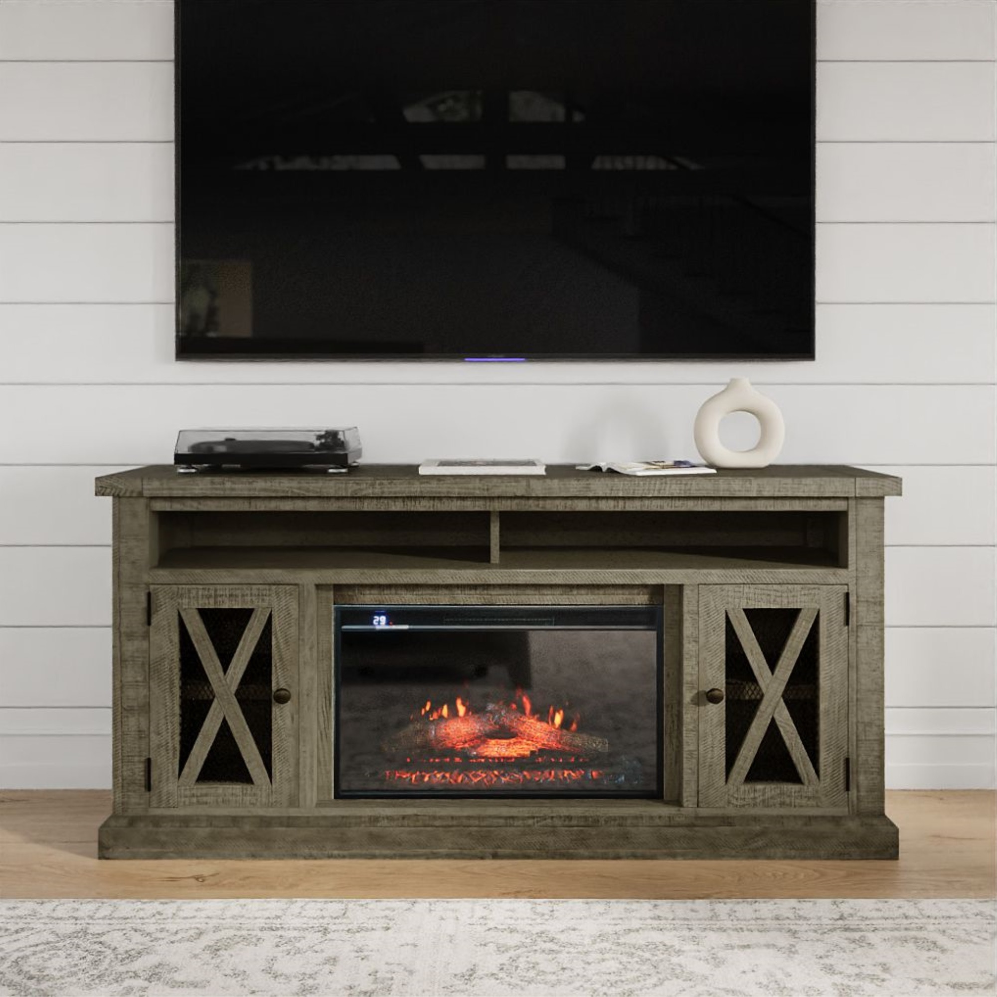 Telluride Rustic Solid Pine 60" Storage Console TV Stand with Electric Fireplace