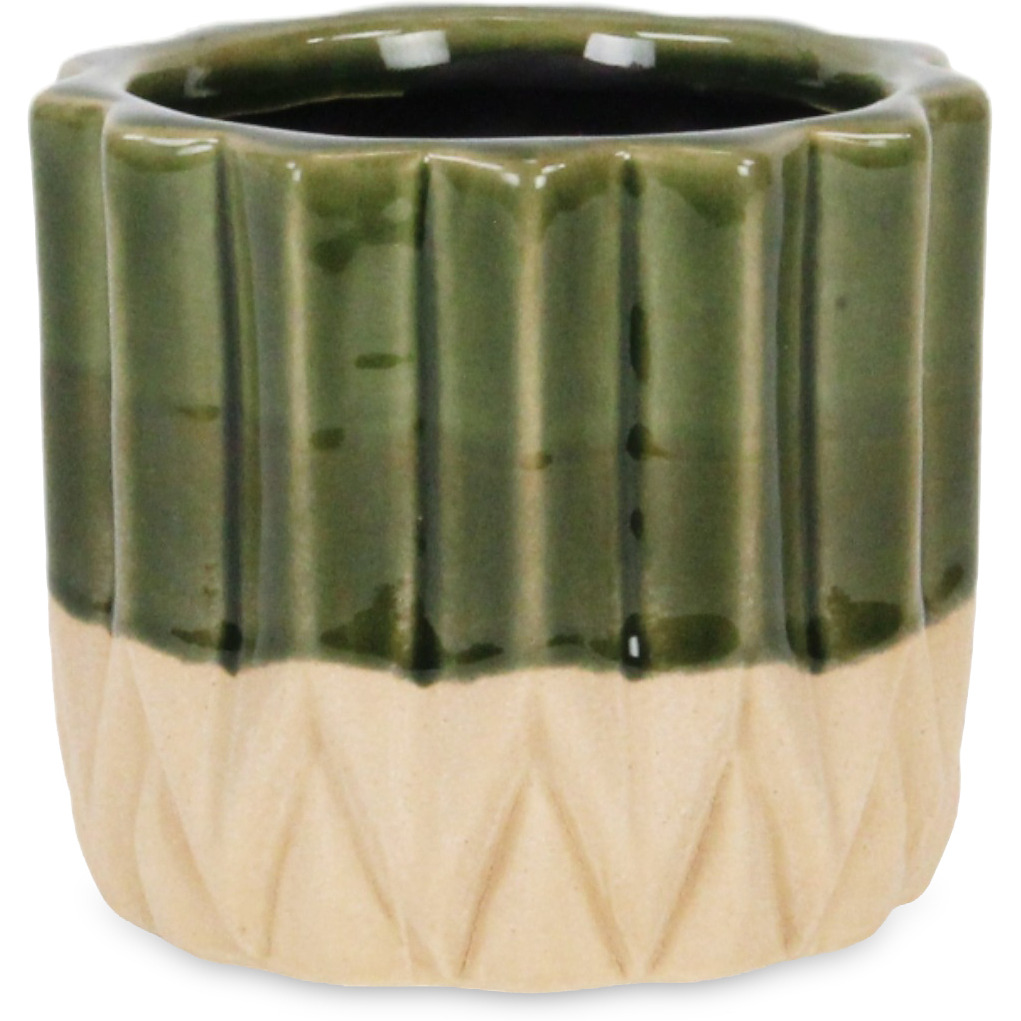 Cadeon Blossom Design Round Ceramic Pot with Textured Base- Small - Dark Green