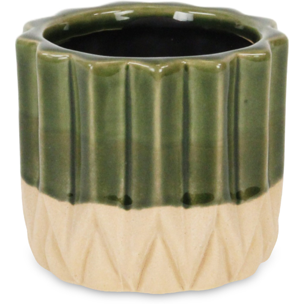Cadeon Blossom Design Round Ceramic Pot with Textured Base- Small - Dark Green