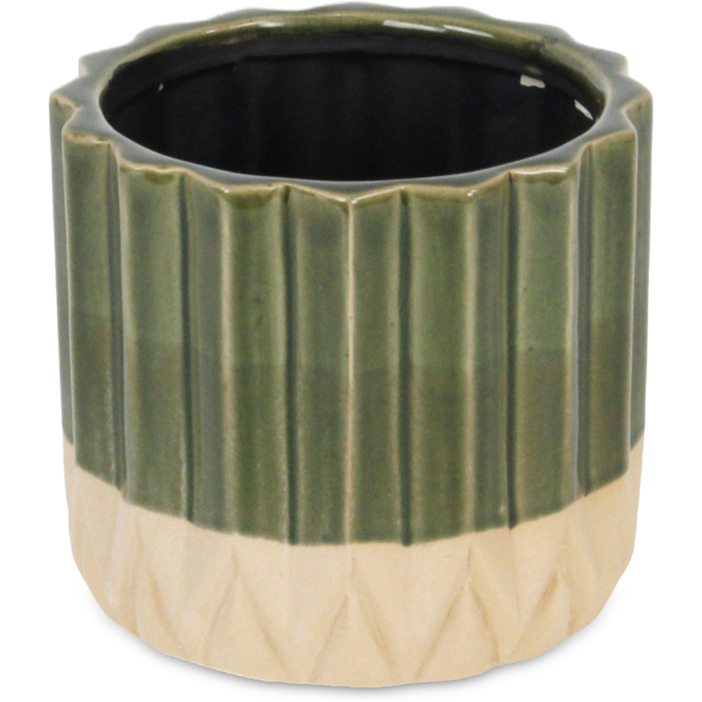 Cadeon Blossom Design Round Ceramic Pot with Textured Base- Large - Dark Green