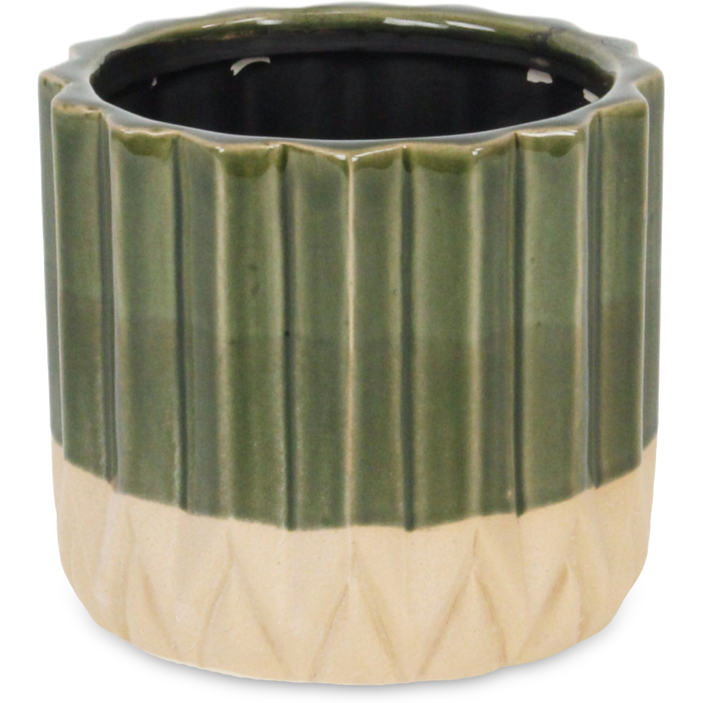 Cadeon Blossom Design Round Ceramic Pot with Textured Base- Large - Dark Green