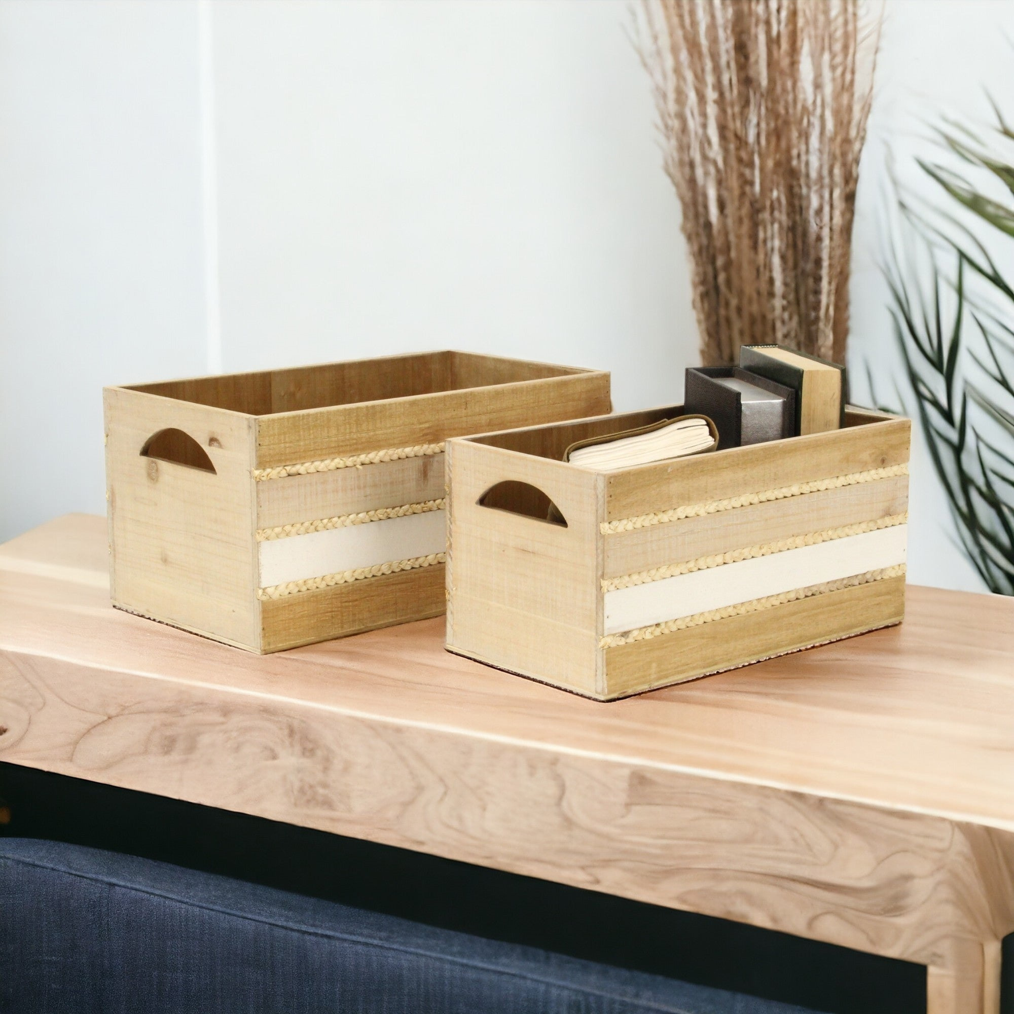 Amabel Set of 2 Tri-Color Wood Crate Set with Hyacinth Accents
