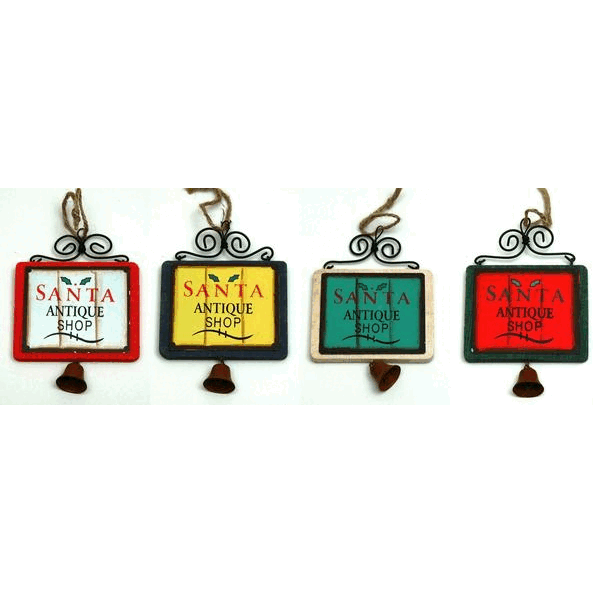 Wood with Metal Sign Ornaments with Bell Set of Four