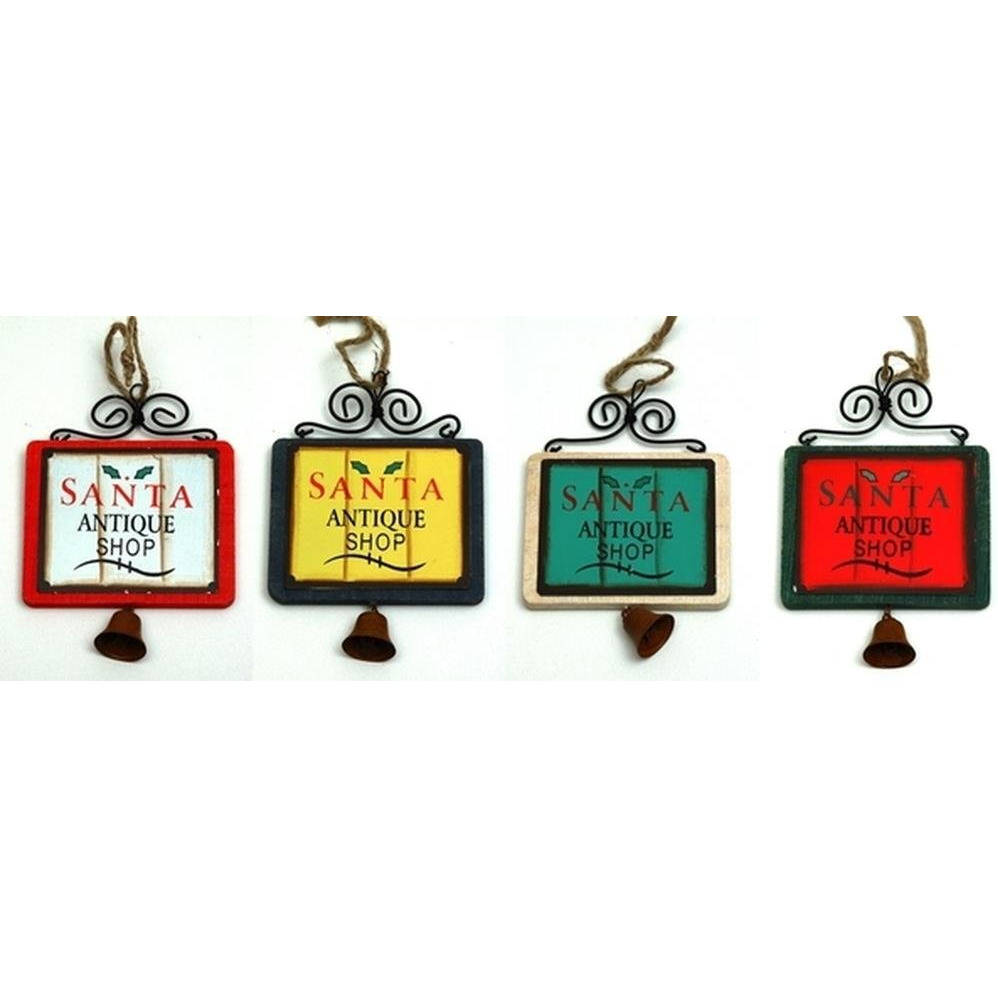 Wood with Metal Sign Ornaments with Bell Set of Four
