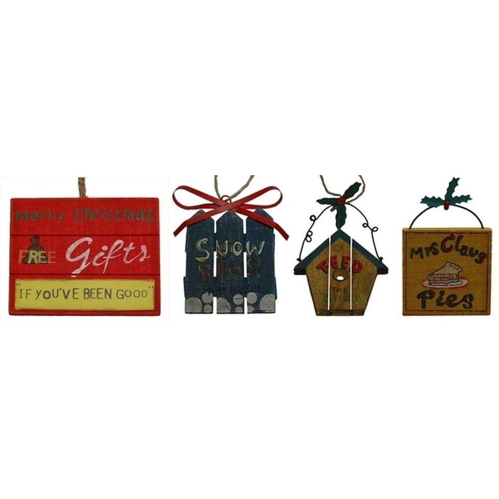 Wood with Metal Sign Ornaments Set of Four