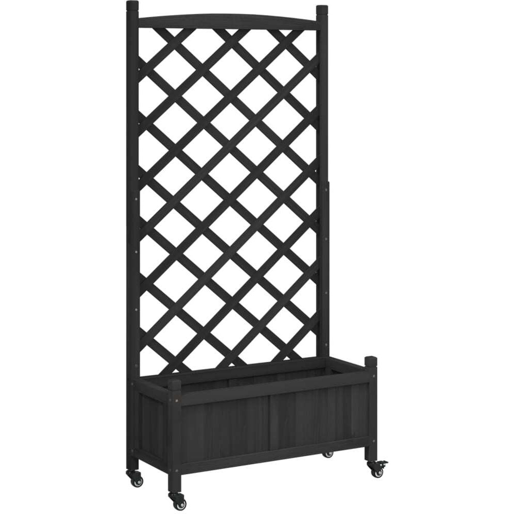 vidaXL Planter with Trellis and Wheels Black Solid Wood Fir
