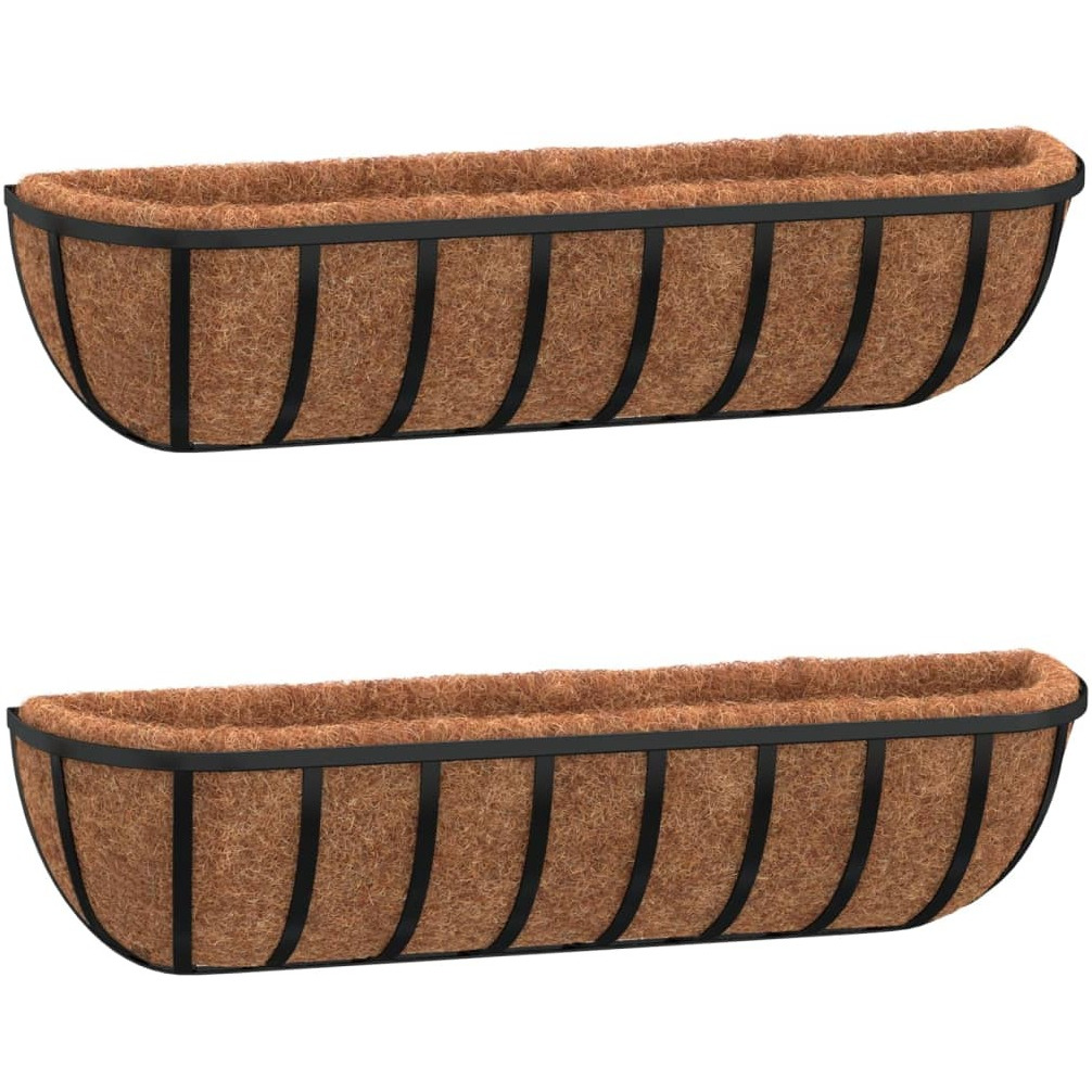 vidaXL Wall Troughs 2 pcs with Coco Liners Black 24x7.5x6.3 Steel