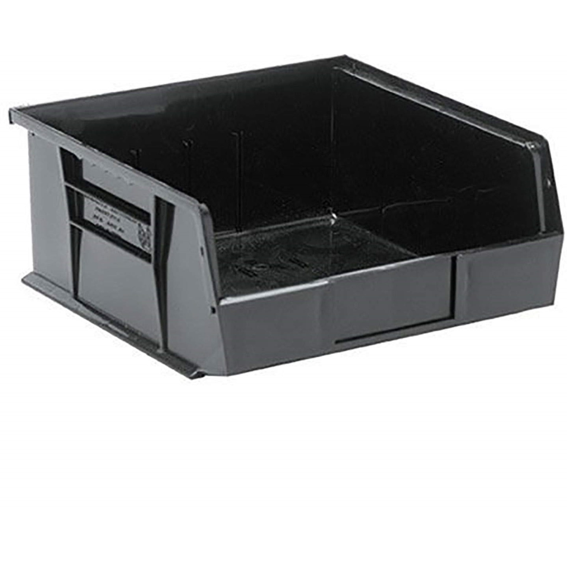 Bin, stacking or hanging, conductive, 11W x 10-7/8D x 5H, front/back/side grips, anti-slide lock, (3) divider slots, rear hanger, molded-in label holder, black, Made in USA