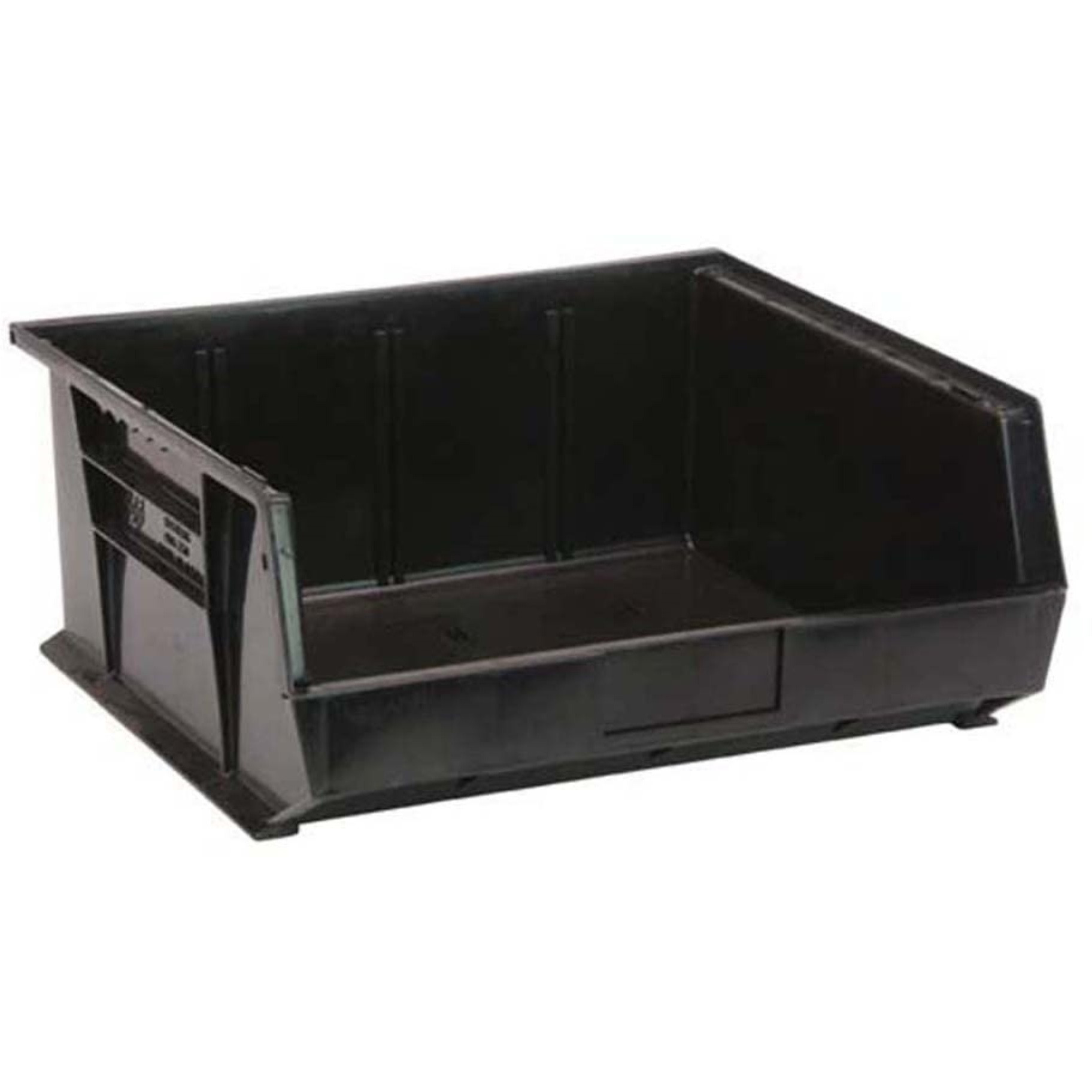 Bin, stacking or hanging, conductive, 16-1/2W x 14-3/4D x 7H, front/back/side grips, anti-slide lock, (3) divider slots, rear hanger, molded-in label holder, black, Made in USA