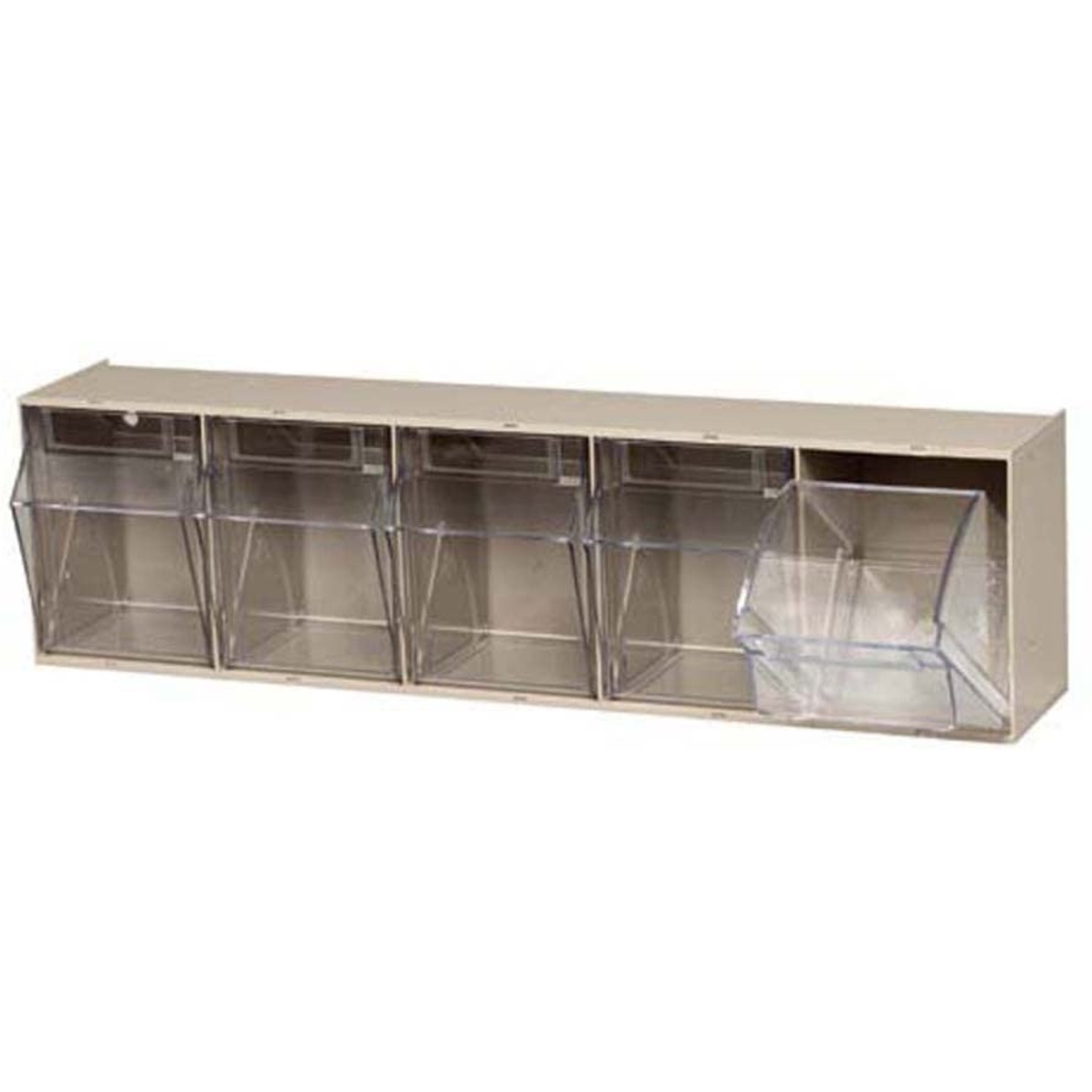 Tip Out Bin, (5) compartment, handle with label slot, opens to a 45 angle, plastic clear container, polystyrene ivory cabinet, Made in USA