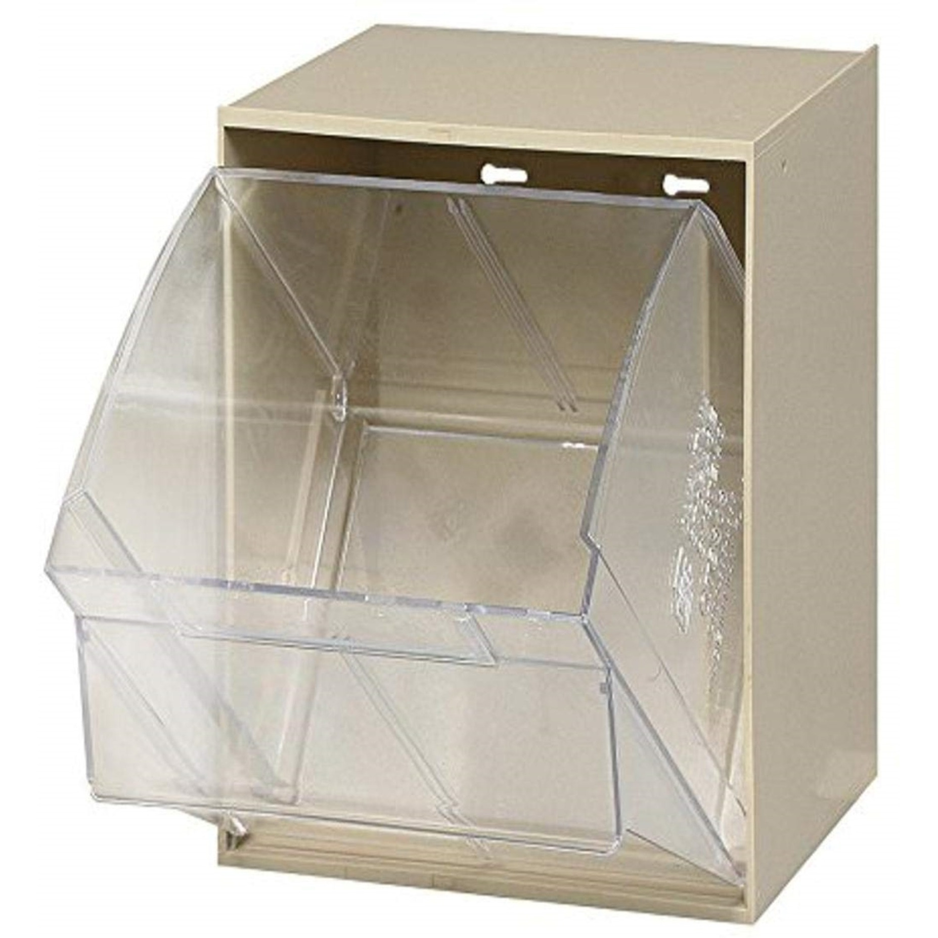 Tip Out Bin, (1) compartment, handle with label slot, opens to a 45 angle, plastic clear container, polystyrene ivory cabinet, Made in USA