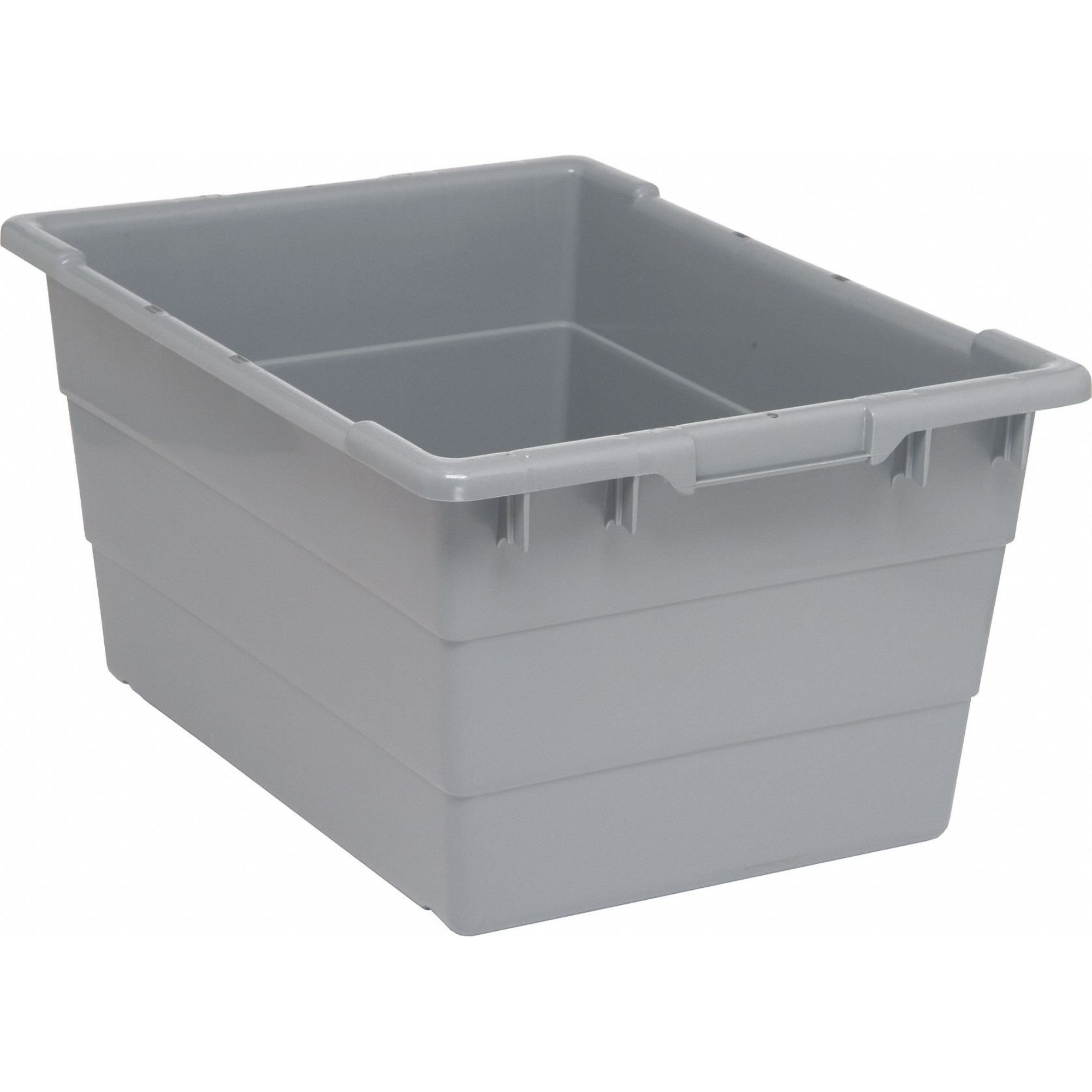 Cross Stack Tub, 14.38 gallon capacity, 100 lb. weight capacity, built-in handle grips, bottom grooves for cross stacking, 1/4 drill hole pattern on bottom, polypropylene, gray, Made in USA