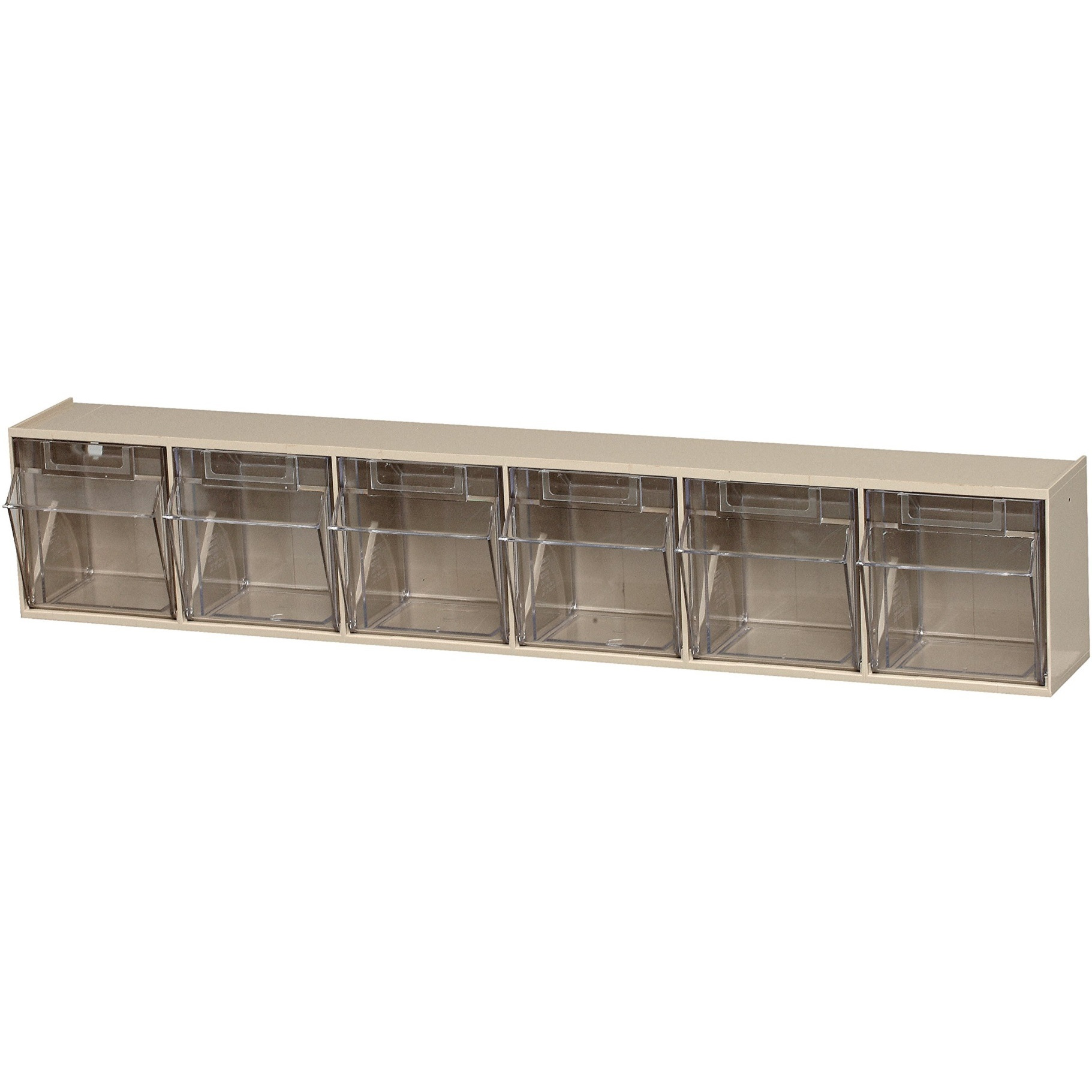 Tip Out Bin, (6) compartment, handle with label slot, opens to a 45 angle, plastic clear container, polystyrene ivory cabinet, Made in USA