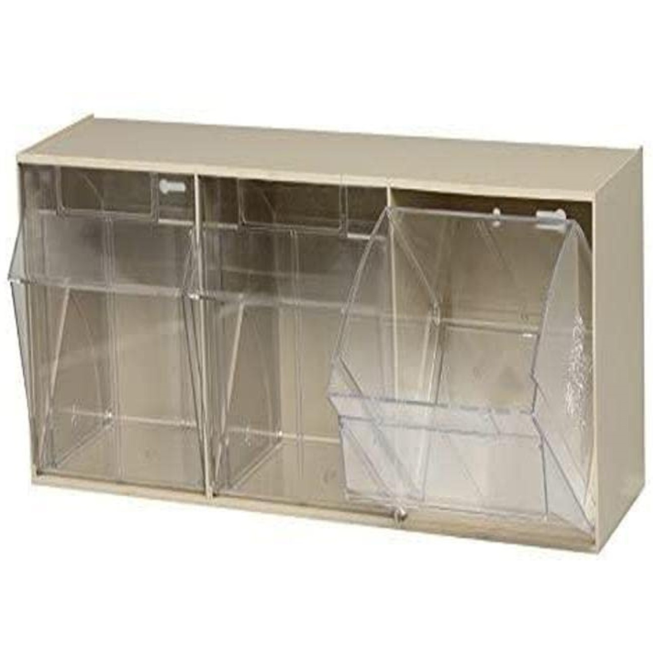Tip Out Bin, (3) compartment, handle with label slot, opens to a 45 angle, plastic clear container, polystyrene ivory cabinet, Made in USA