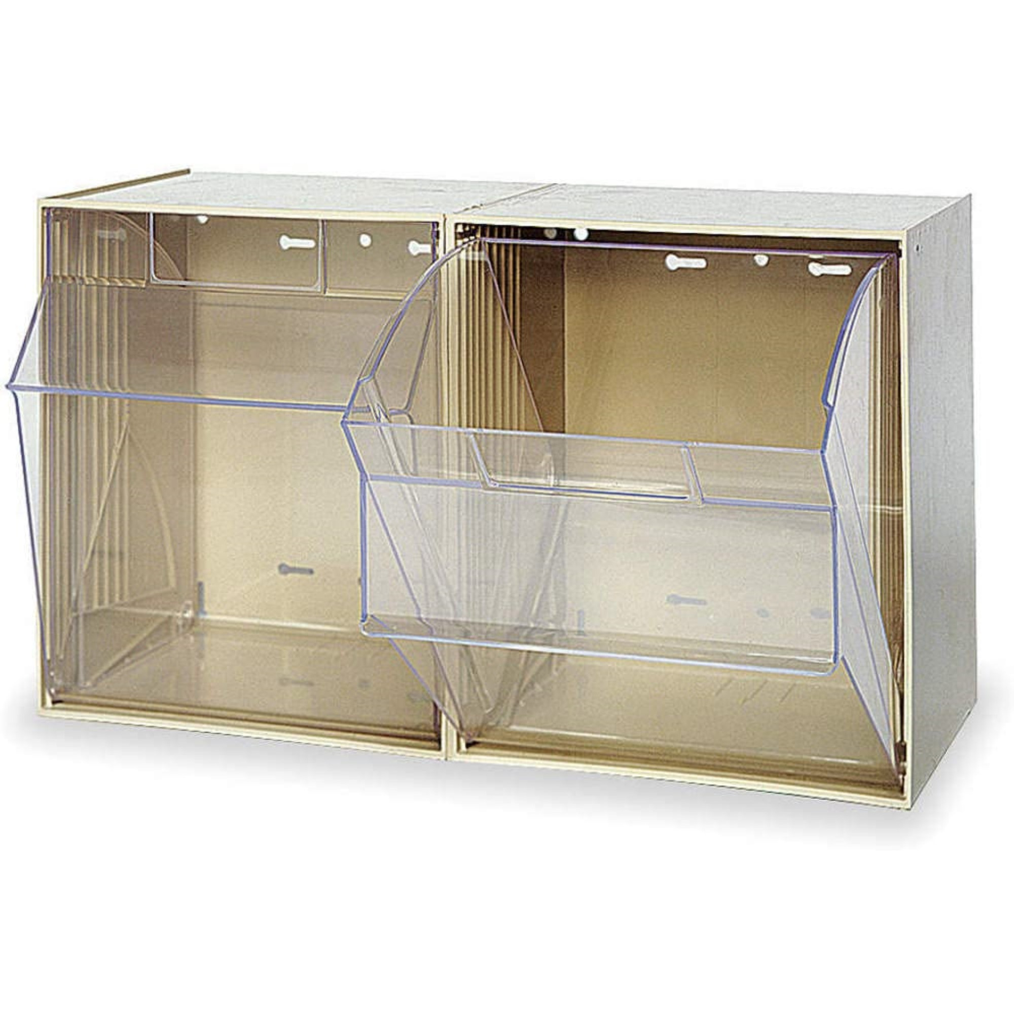 Tip Out Bin, (2) compartment, handle with label slot, opens to a 45 angle, plastic clear container, polystyrene ivory cabinet, Made in USA