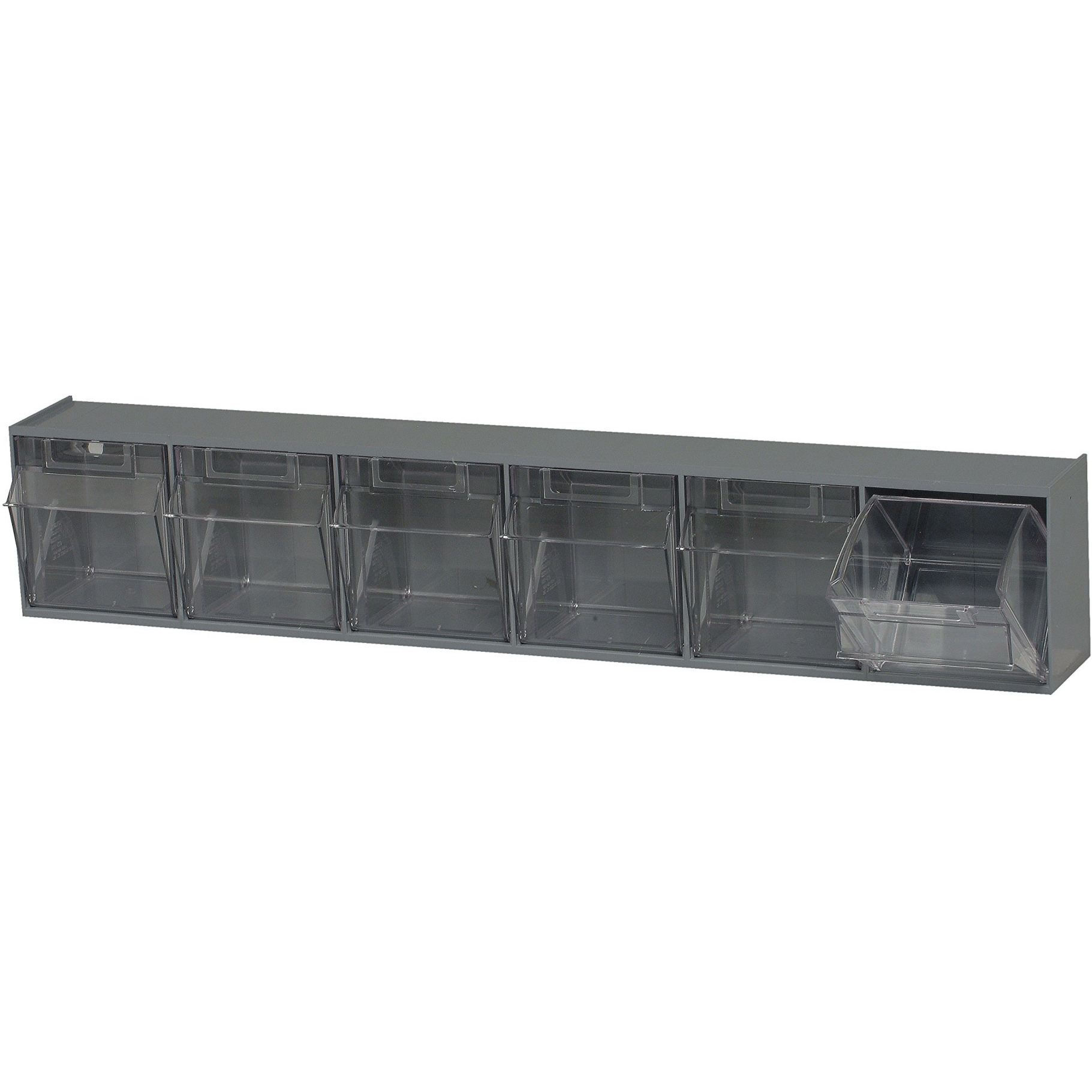 Tip Out Bin, (6) compartment, handle with label slot, opens to a 45 angle, plastic clear container, polystyrene gray cabinet, Made in USA