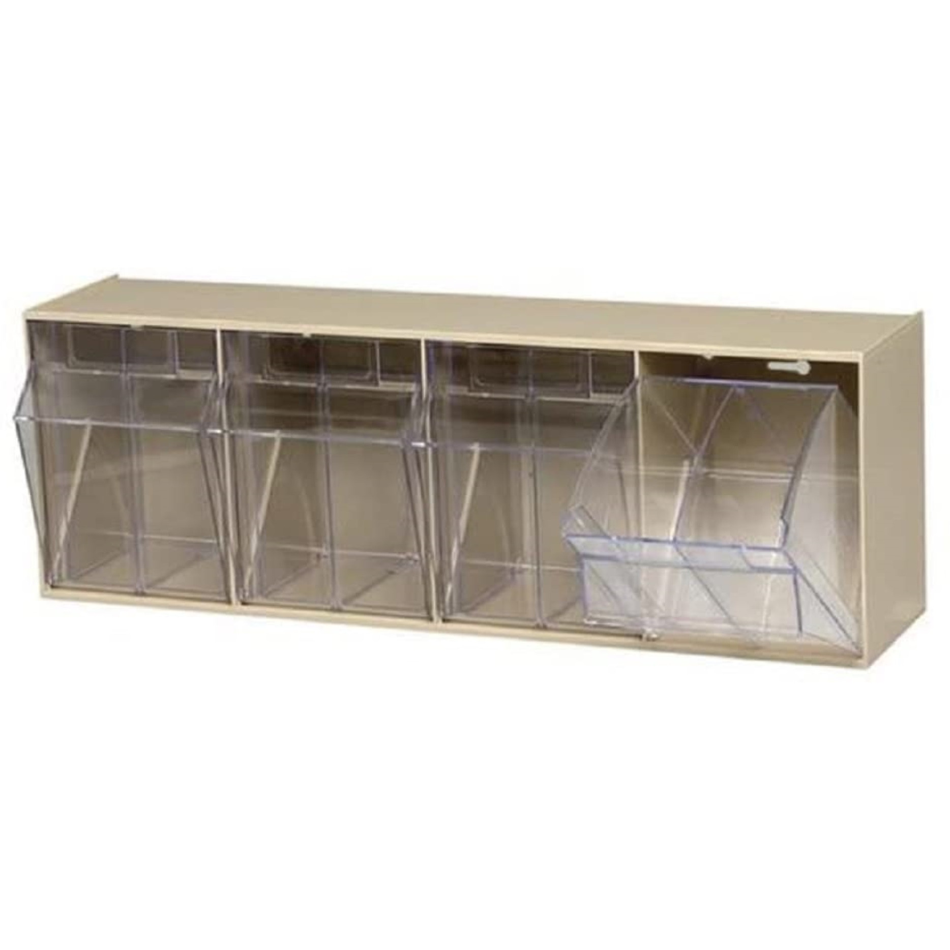 Tip Out Bin, (4) compartment, handle with label slot, opens to a 45 angle, plastic clear container, polystyrene ivory cabinet, Made in USA