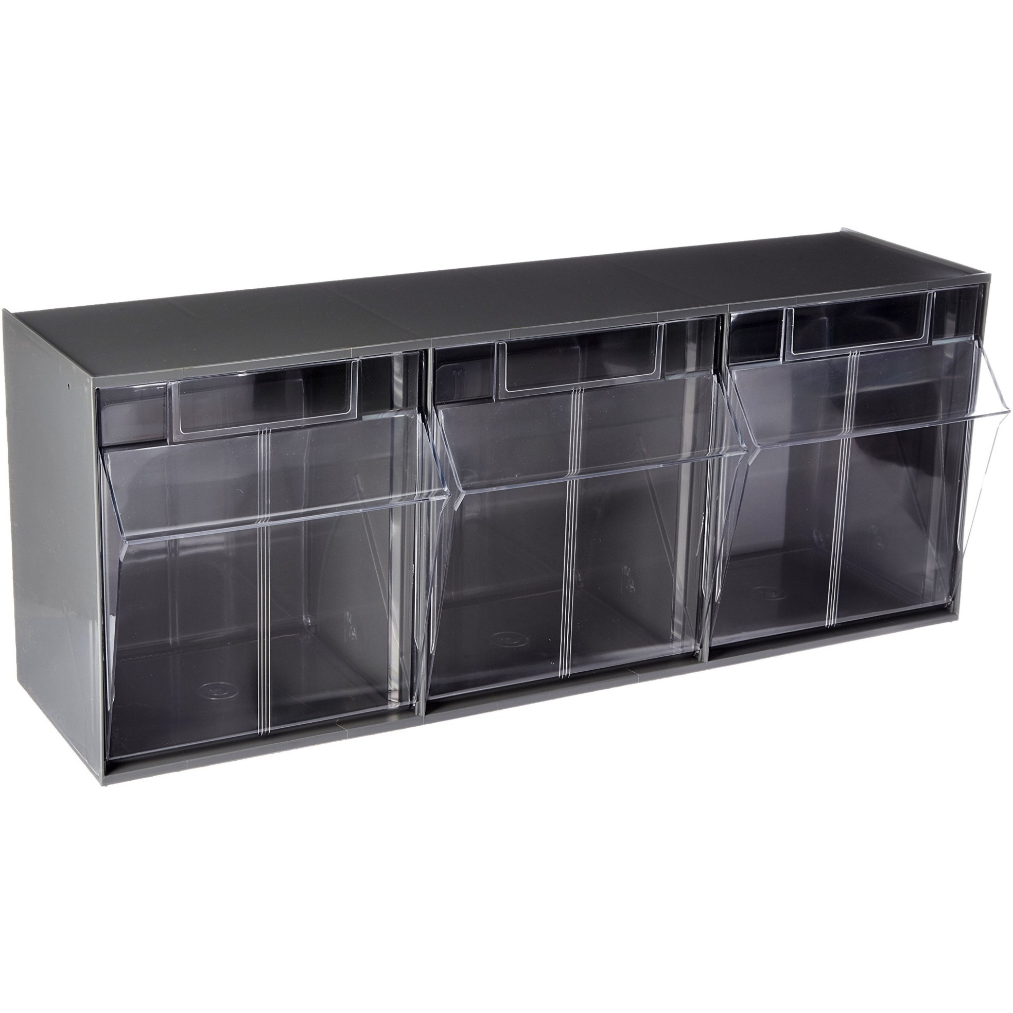 Tip Out Bin, (3) compartment, handle with label slot, opens to a 45 angle, plastic clear container, polystyrene gray cabinet, Made in USA