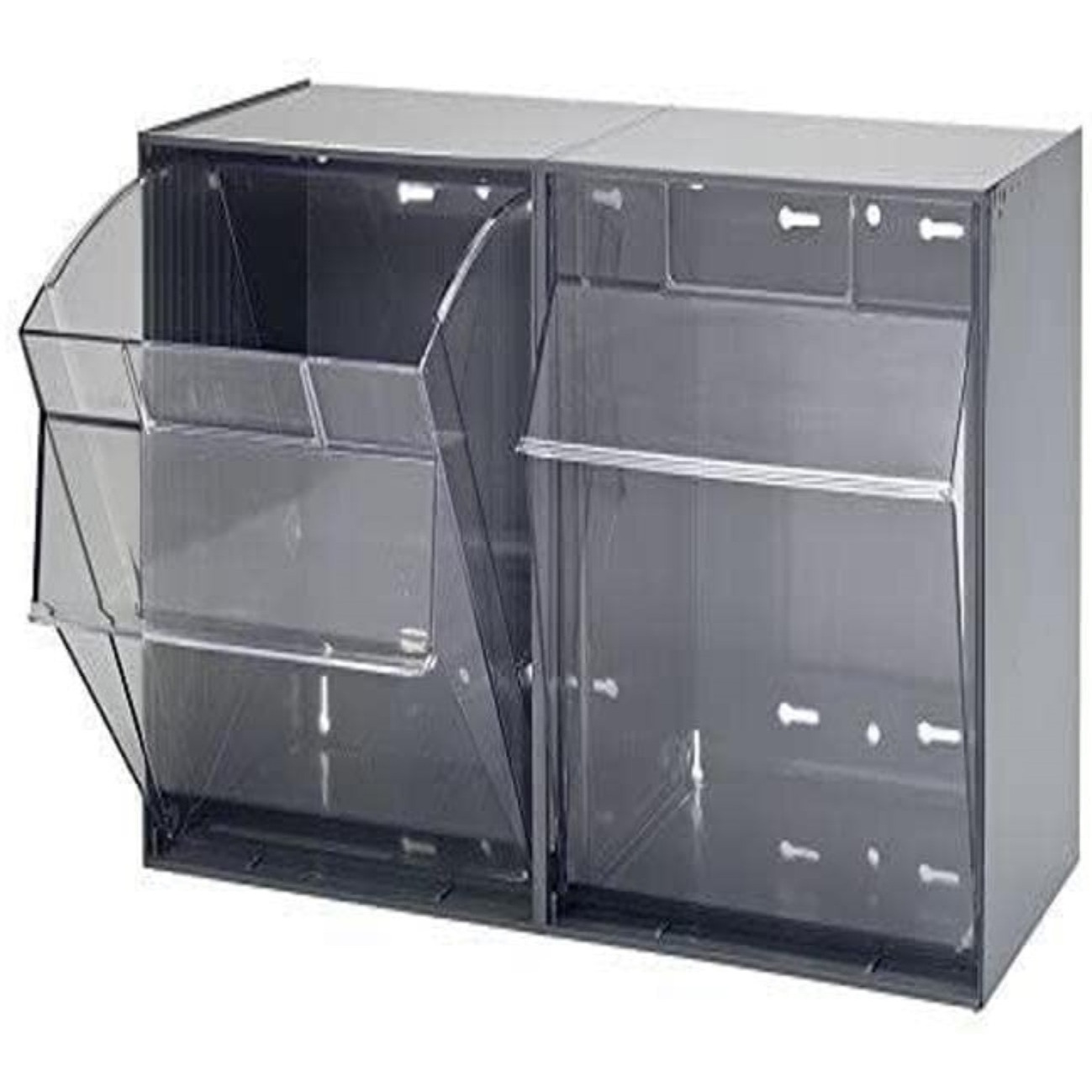 Tip Out Bin, (2) compartment, handle with label slot, opens to a 45 angle, plastic clear container, polystyrene gray cabinet, Made in USA