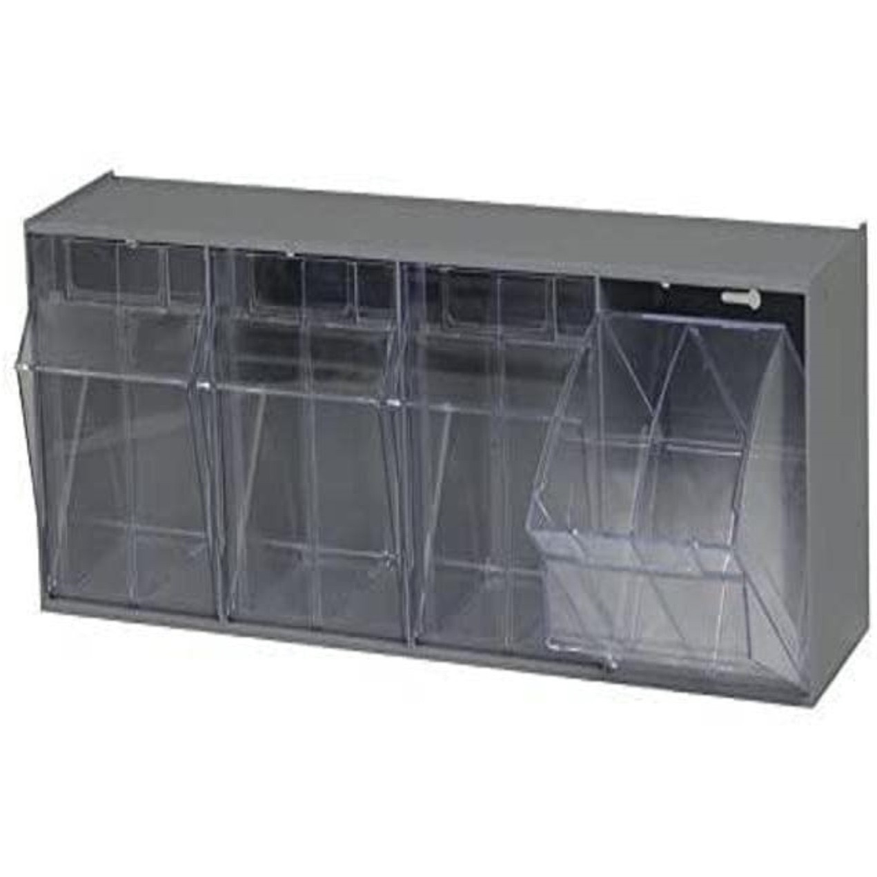 Tip Out Bin, (4) compartment, handle with label slot, opens to a 45 angle, plastic clear container, polystyrene gray cabinet, Made in USA