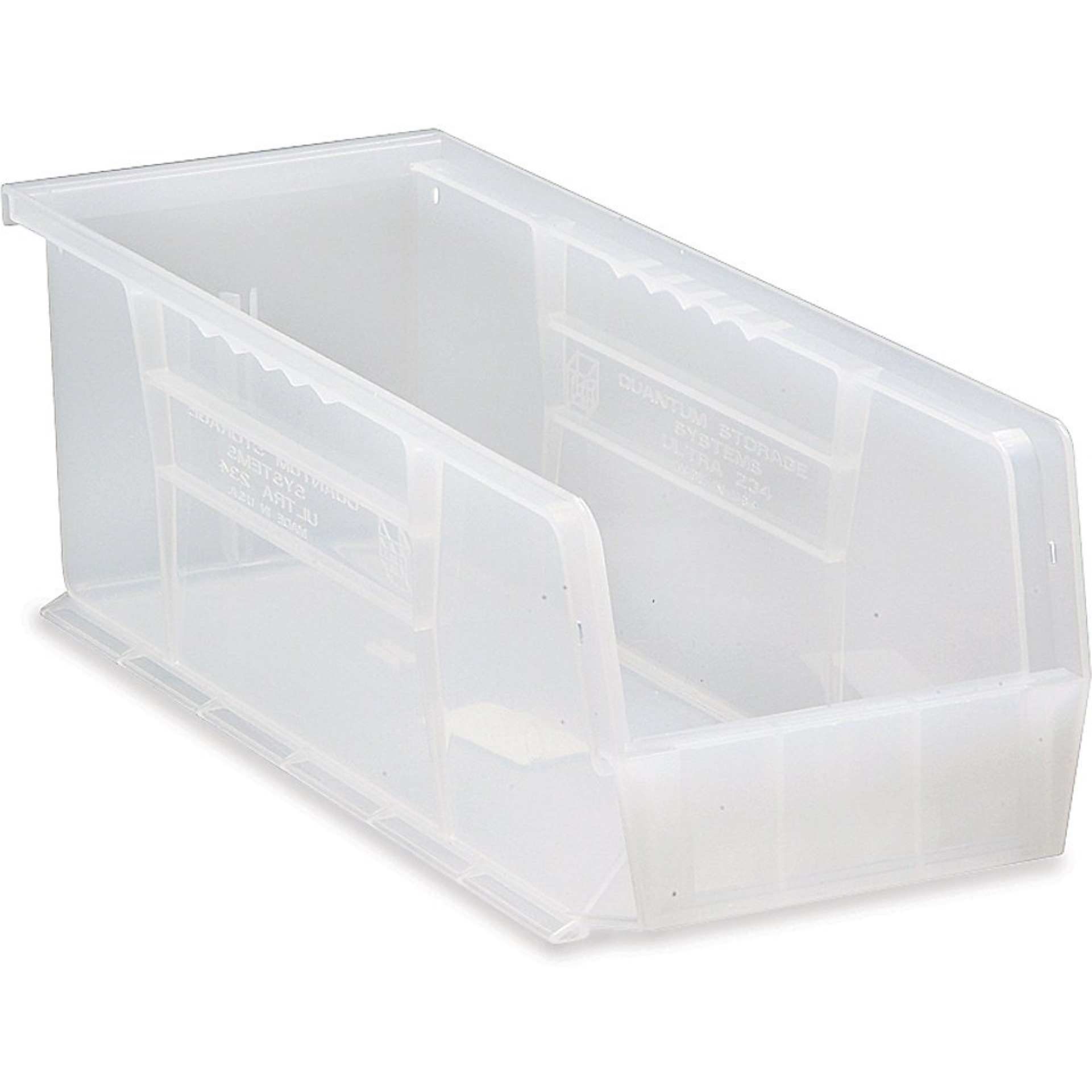 Bin, stacking or hanging, 5-1/2W x 14-3/4D x 5H, front/back/side grips, anti-slide lock, (1) divider slot, rear hanger, molded-in label holder, polypropylene, clear, Made in USA