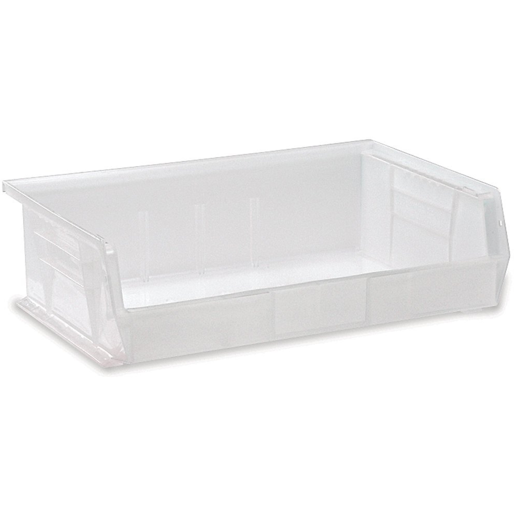 Bin, stacking or hanging, 16-1/2W x 10-7/8D x 5H, front/back/side grips, anti-slide lock, (3) divider slots, rear hanger, molded-in label holder, polypropylene, clear, Made in USA