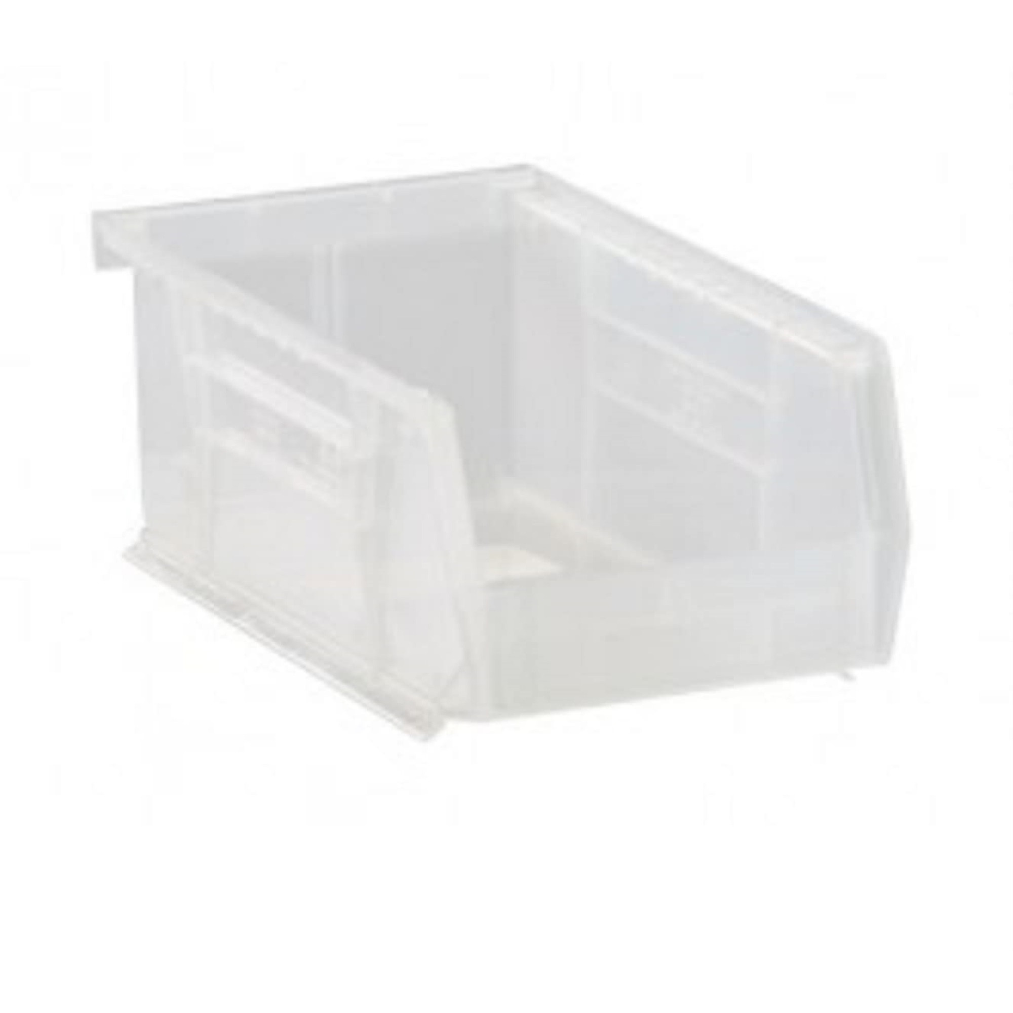 Bin, stacking or hanging, 8-1/4W x 13-5/8D x 6H, front/back/side grips, anti-slide lock, (1) divider slot, rear hanger, molded-in label holder, polypropylene, clear, Made in USA