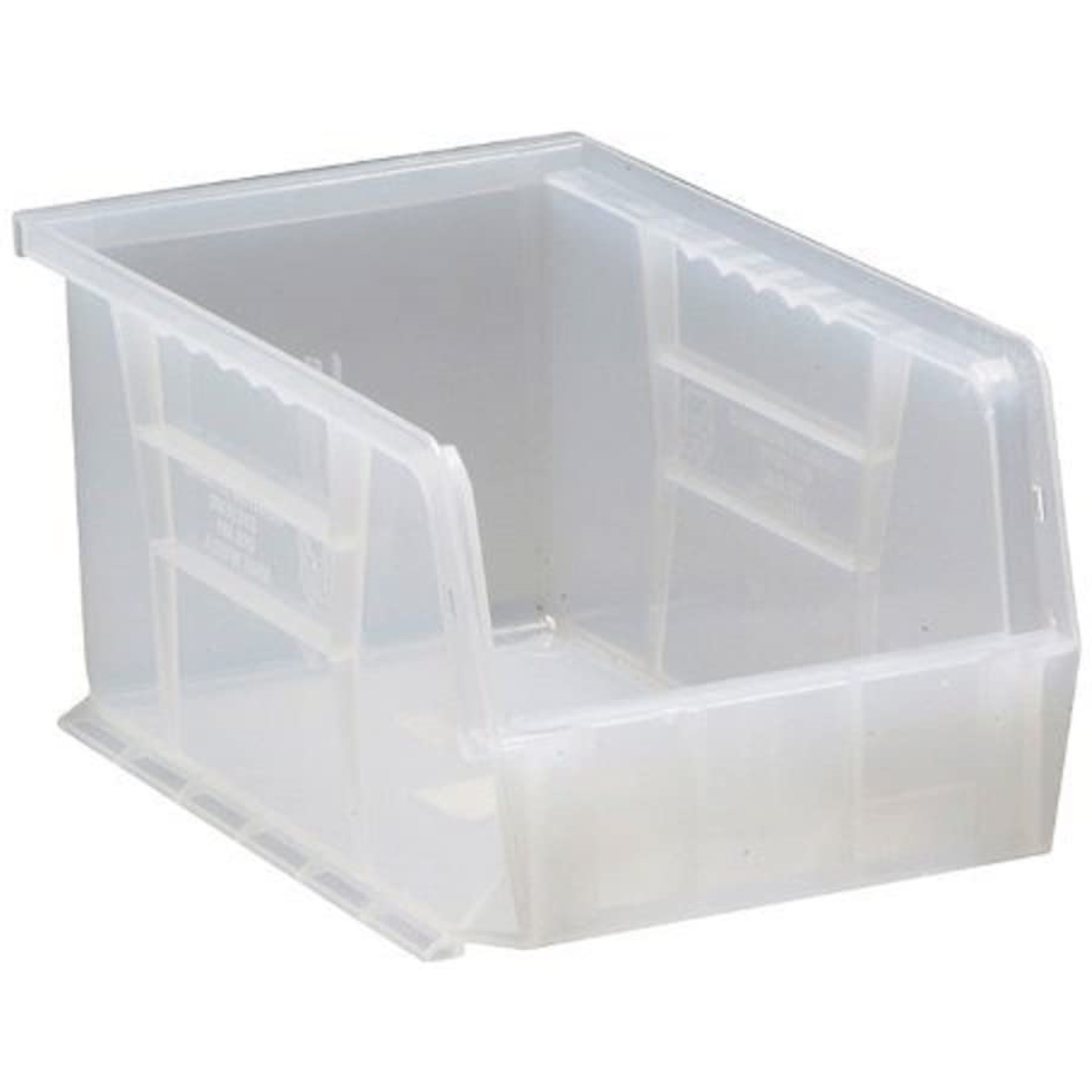 Bin, stacking or hanging, 6W x 9-1/4D x 5H, front/back/side grips, anti-slide lock, (1) divider slot, rear hanger, molded-in label holder, polypropylene, clear, Made in USA