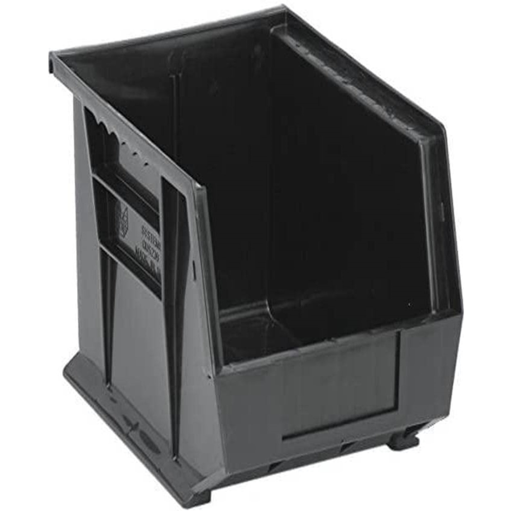 Bin, stacking or hanging, conductive, 8-1/4W x 10-3/4D x 7H, front/back/side grips, anti-slide lock, (1) divider slot, rear hanger, molded-in label holder, black, Made in USA