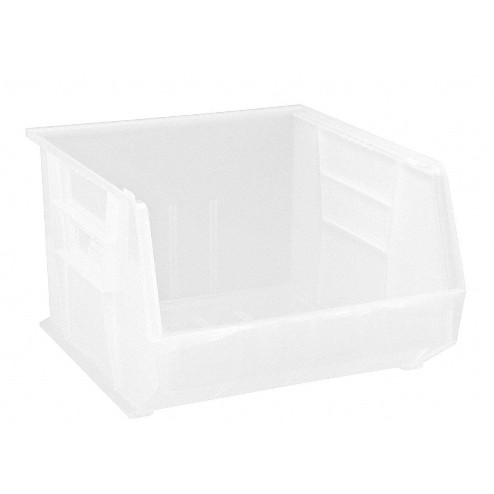 Bin, stacking or hanging, 16-1/2W x 18D x 11H, front/back/side grips, anti-slide lock, (3) divider slots, rear hanger, molded-in label holder, polypropylene, clear, Made in USA