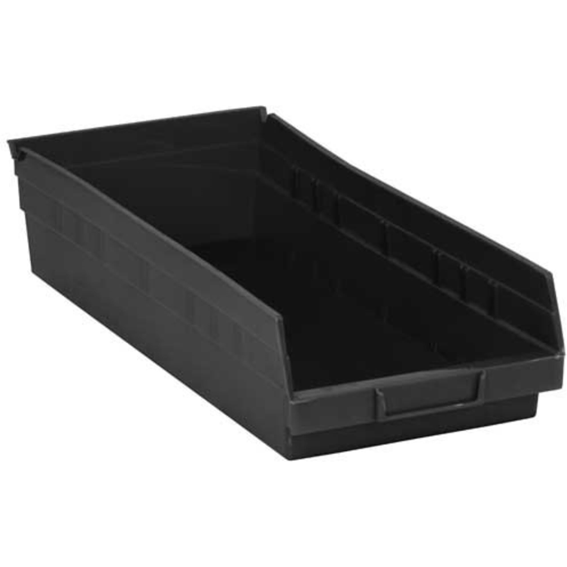 Economy Shelf Bin, nesting, conductive, 17-7/8W x 8-3/8D x 4H, (7) divider slots, rear hanglock, molded-in label holder, polypropylene, black, Made in USA