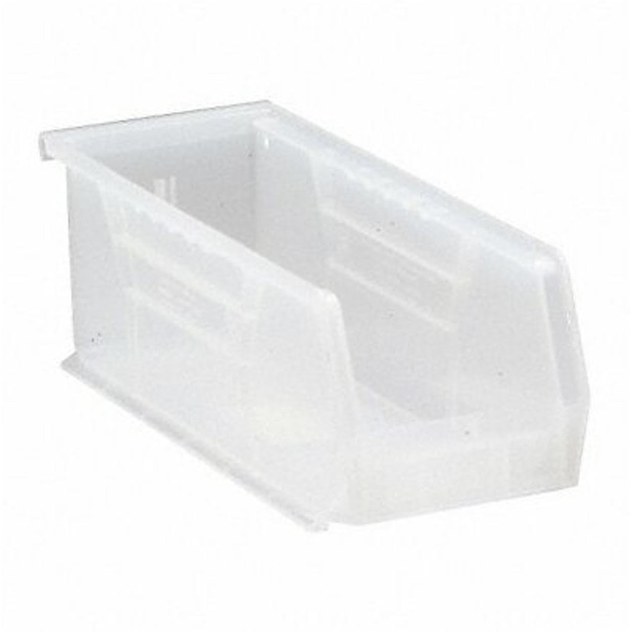 Bin, stacking or hanging, 4-1/8W x 10-7/8D x 4H, front/back/side grips, anti-slide lock, (1) divider slot, rear hanger, molded-in label holder, polypropylene, clear, Made in USA