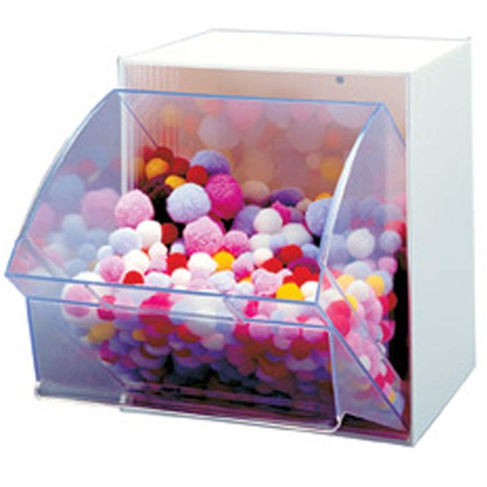 Tip Out Bin, (1) compartment, handle with label slot, opens to a 45 angle, plastic clear container, polystyrene white cabinet, Made in USA