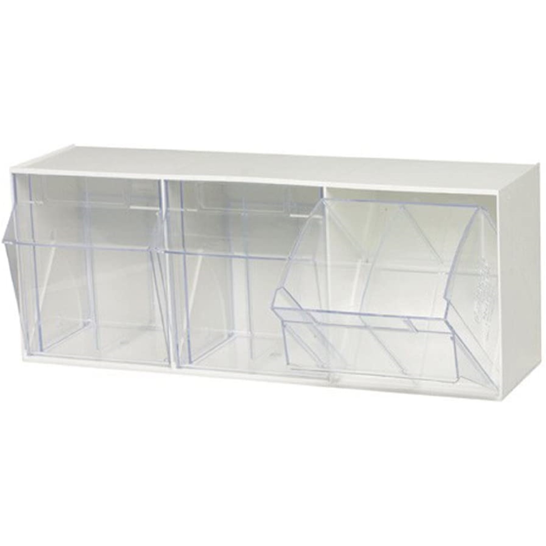Tip Out Bin, (3) compartment, handle with label slot, opens to a 45 angle, plastic clear container, polystyrene white cabinet, Made in USA