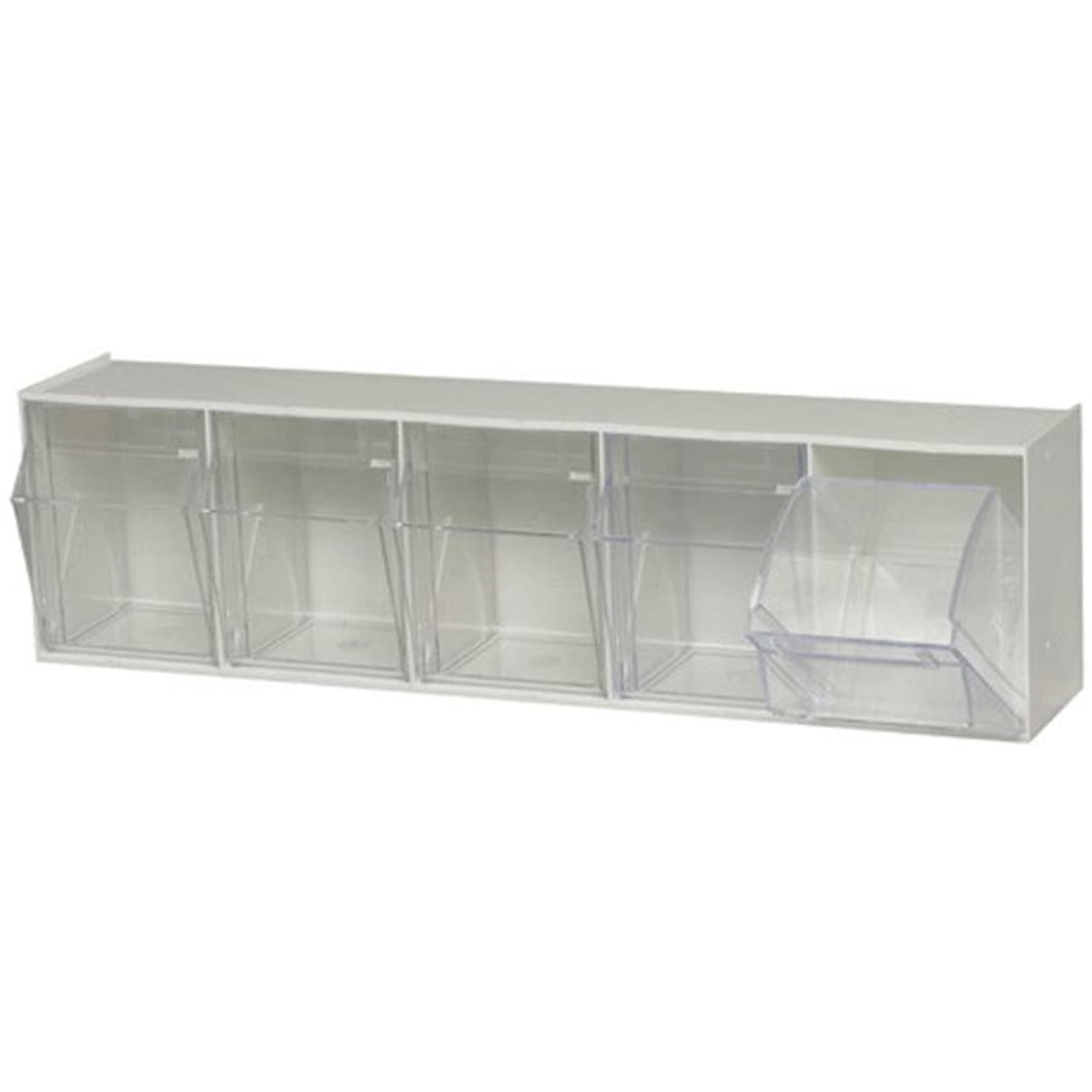 Tip Out Bin, (5) compartment, handle with label slot, opens to a 45 angle, plastic clear container, polystyrene white cabinet, Made in USA
