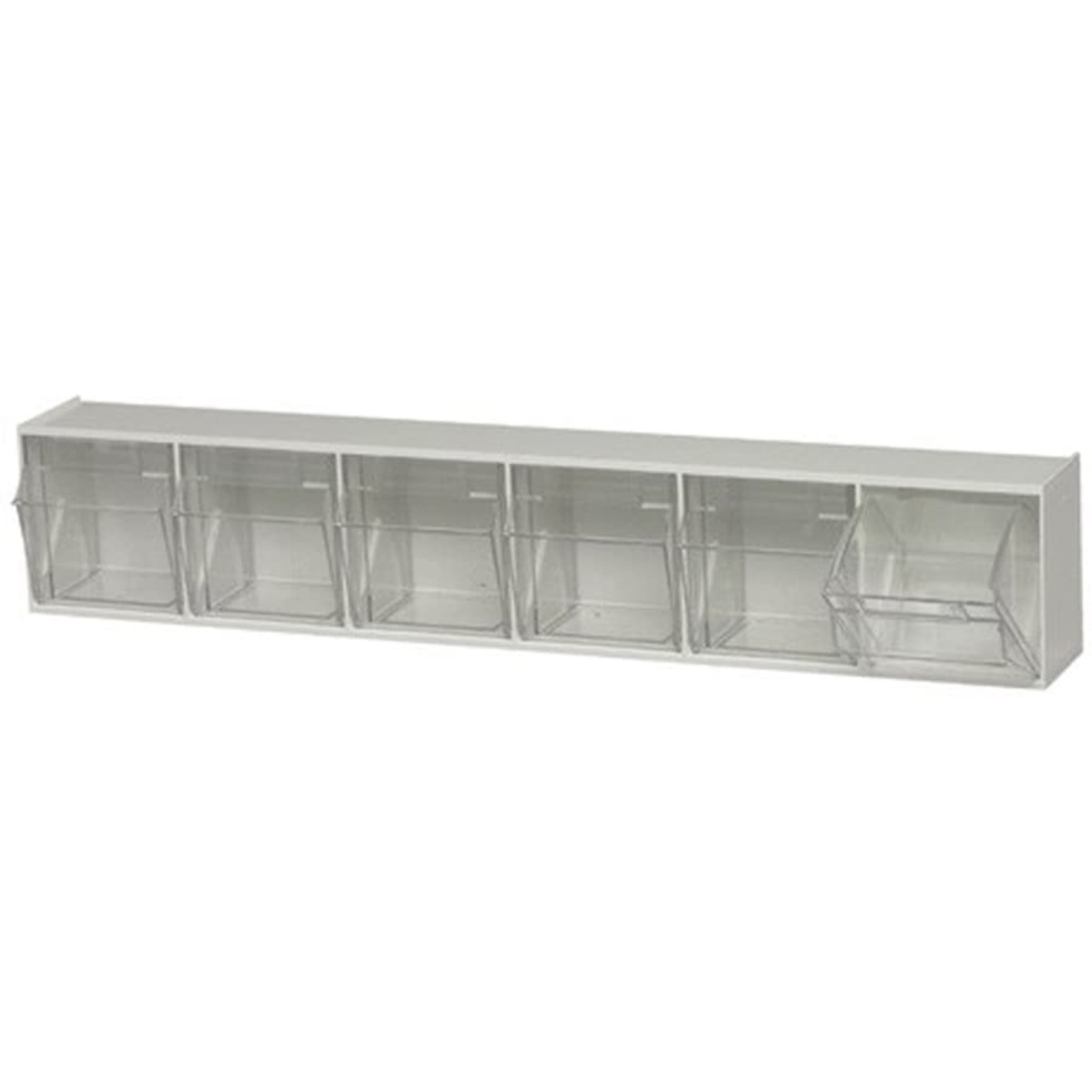 Tip Out Bin, (6) compartment, handle with label slot, opens to a 45 angle, plastic clear container, polystyrene white cabinet, Made in USA