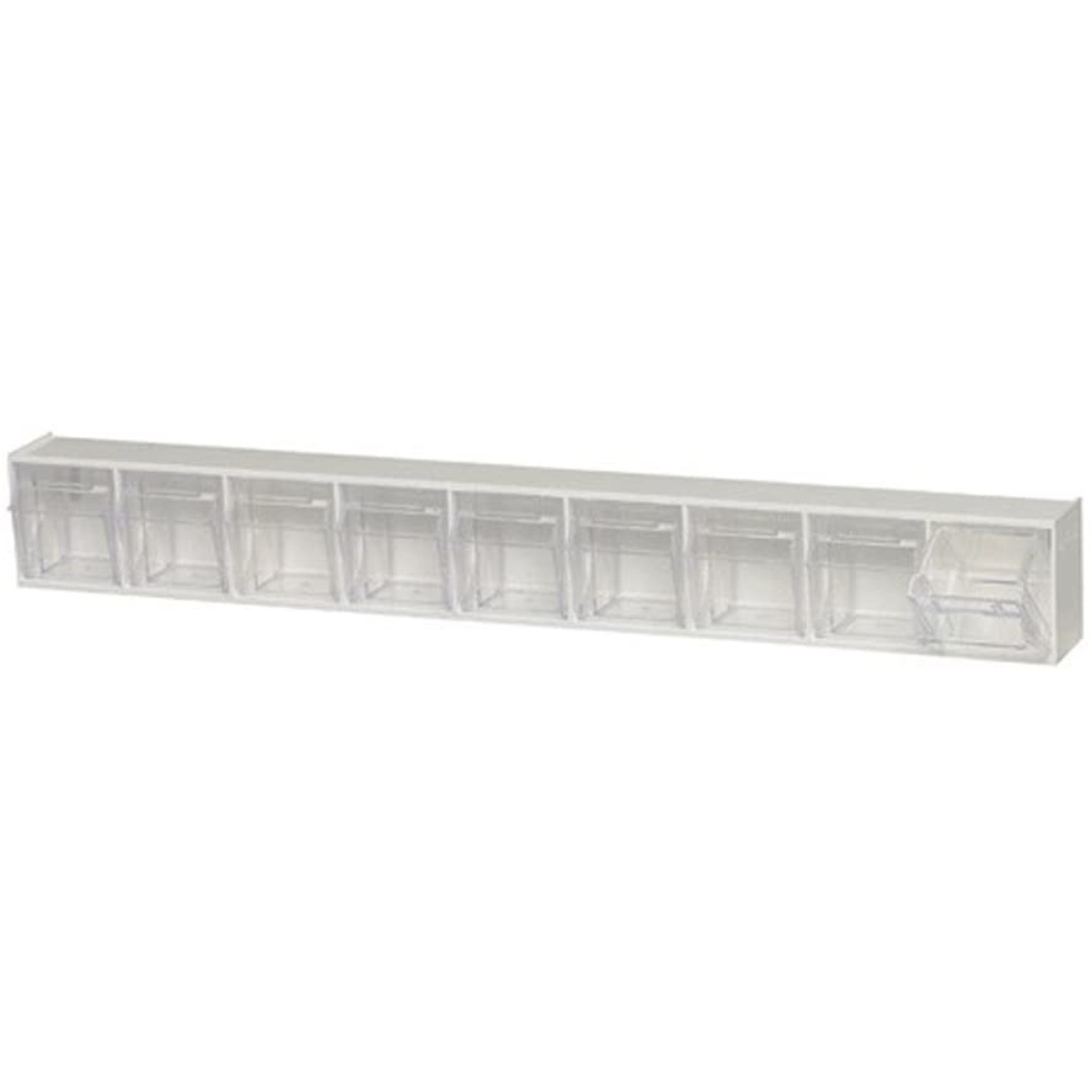 Tip Out Bin, (9) compartment, handle with label slot, opens to a 45 angle, plastic clear container, polystyrene white cabinet, Made in USA