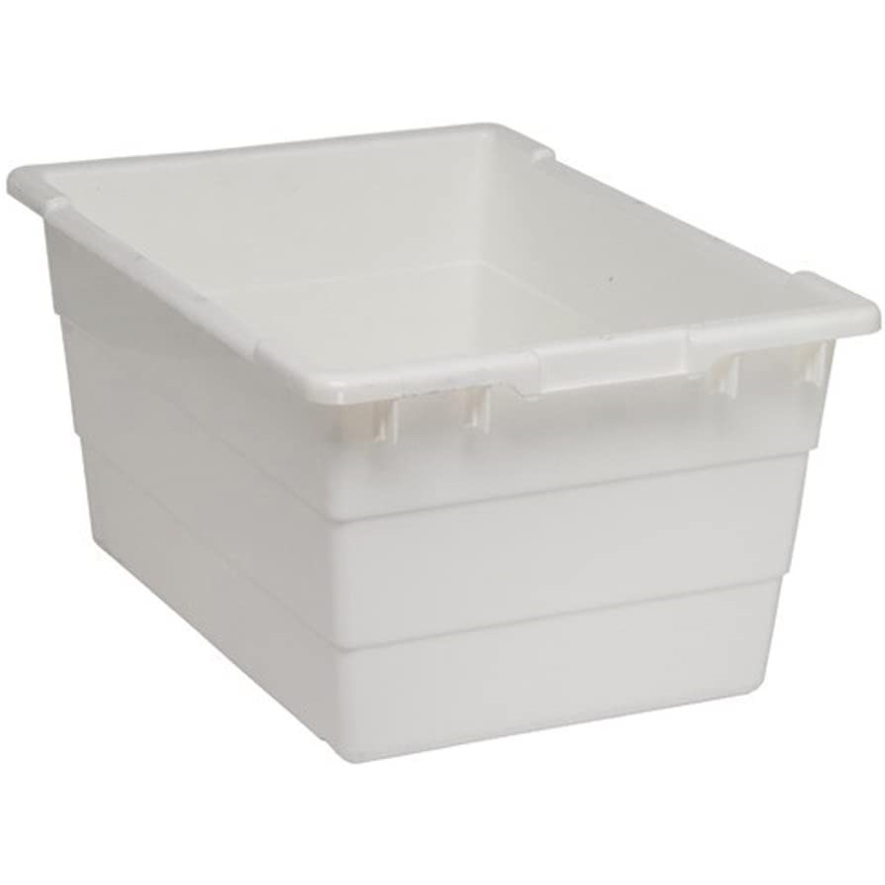 Cross Stack Tub, 14.38 gallon capacity, 100 lb. weight capacity, built-in handle grips, bottom grooves for cross stacking, 1/4 drill hole pattern on bottom, polypropylene, white, Made in USA