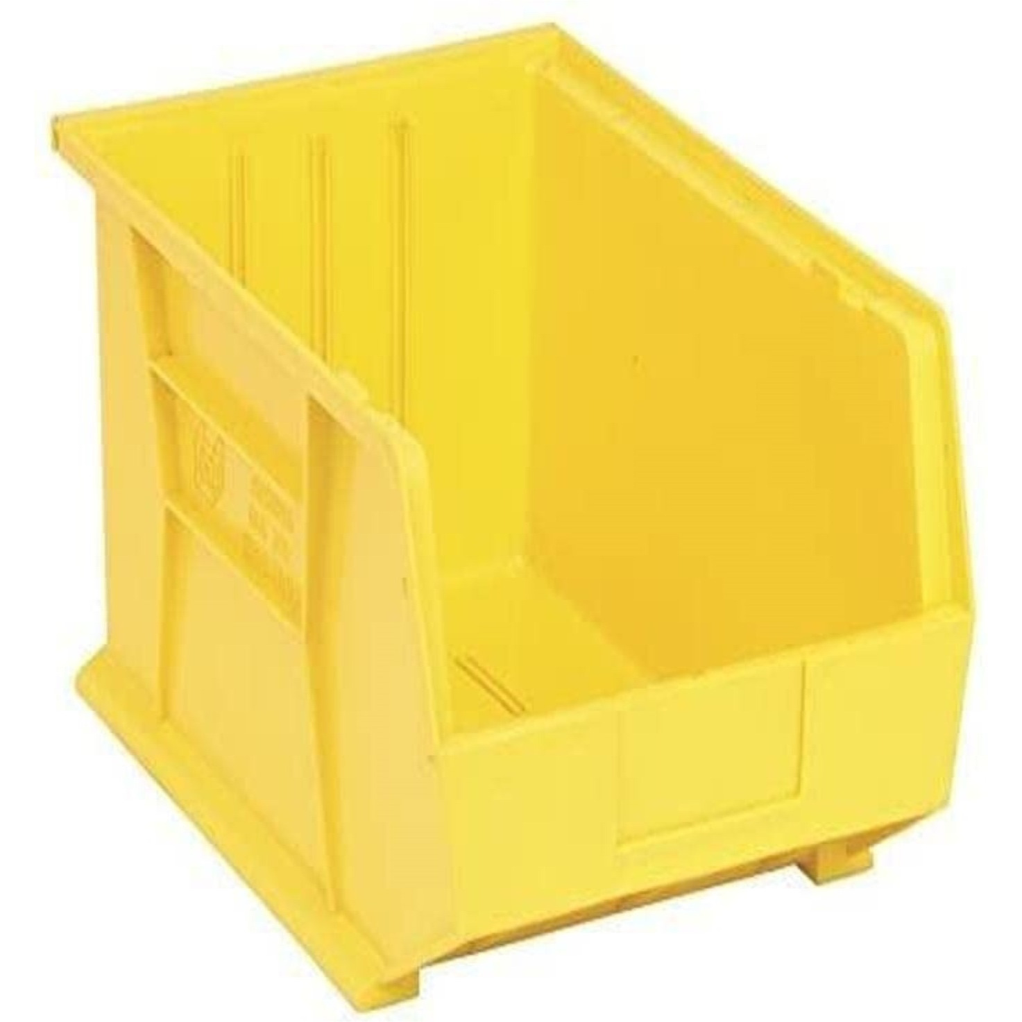 Bin, stacking or hanging, 11W x 16D x 8H, front/back/side grips, anti-slide lock, (3) divider slot, rear hanger, molded-in label holder, polypropylene, yellow, Made in USA