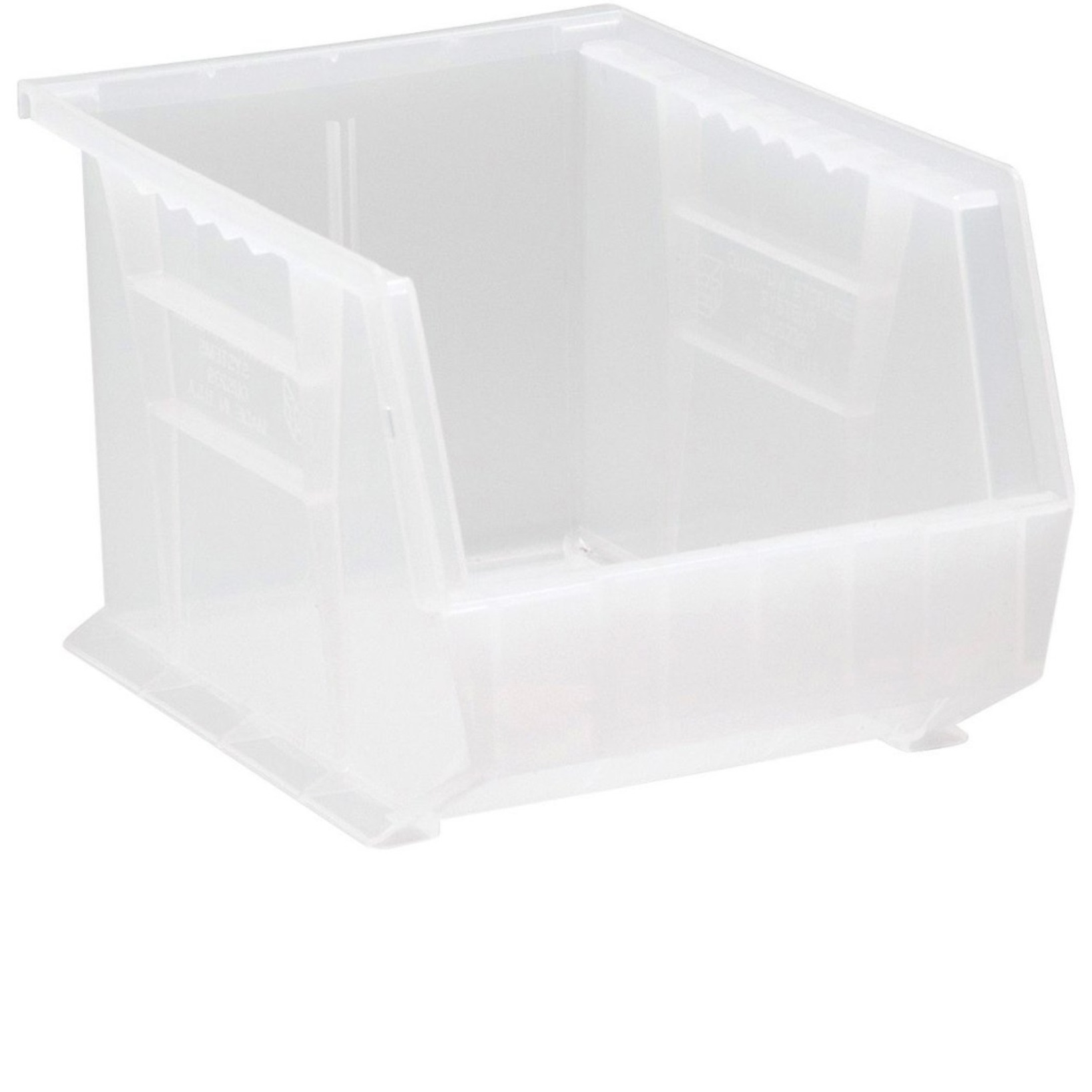 Bin, stacking or hanging, 8-1/4W x 10-3/4D x 7H, front/back/side grips, anti-slide lock, (1) divider slot, rear hanger, molded-in label holder, polypropylene, clear, Made in USA