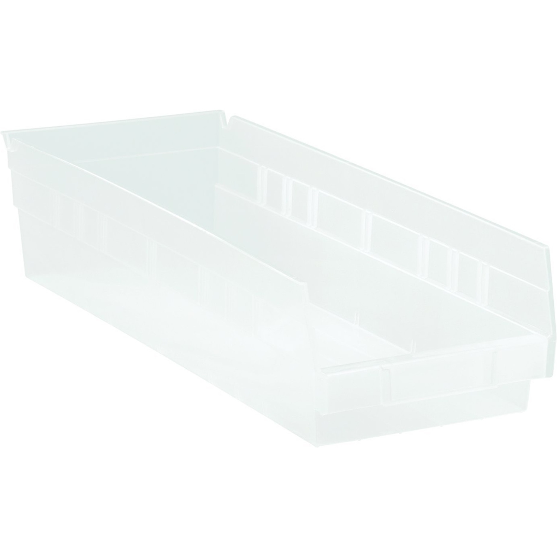 Economy Shelf Bin, nesting, 17-7/8W x 8-3/8D x 4H, (7) divider slots, rear hanglock, molded-in label holder, clear polyropylene, Made in USA