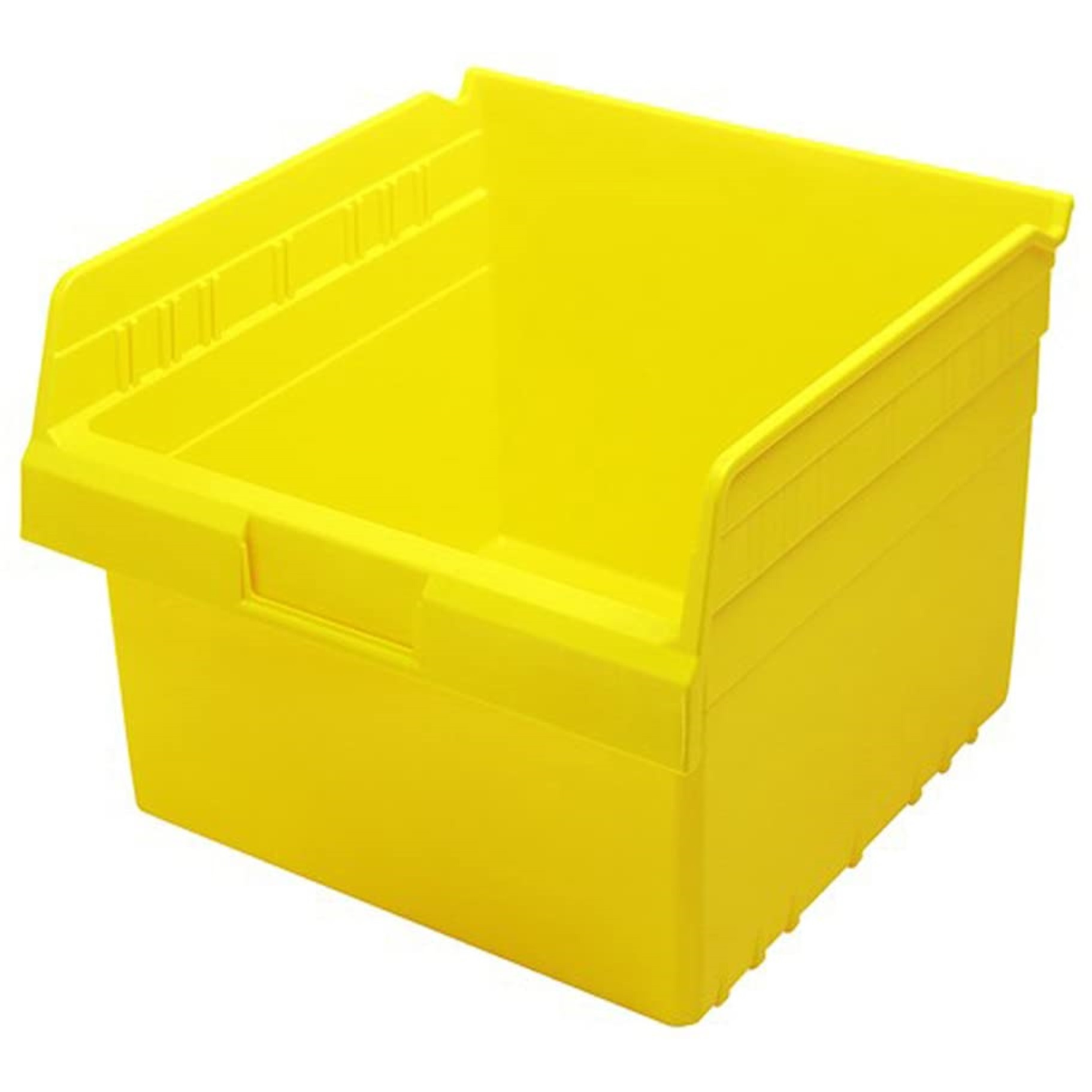 Economy Shelf Bin, nesting, 11-5/8W x 11-1/8D x 4H, (7) divider slots, rear hanglock, molded-in label holder, yellow polyropylene, Made in USA