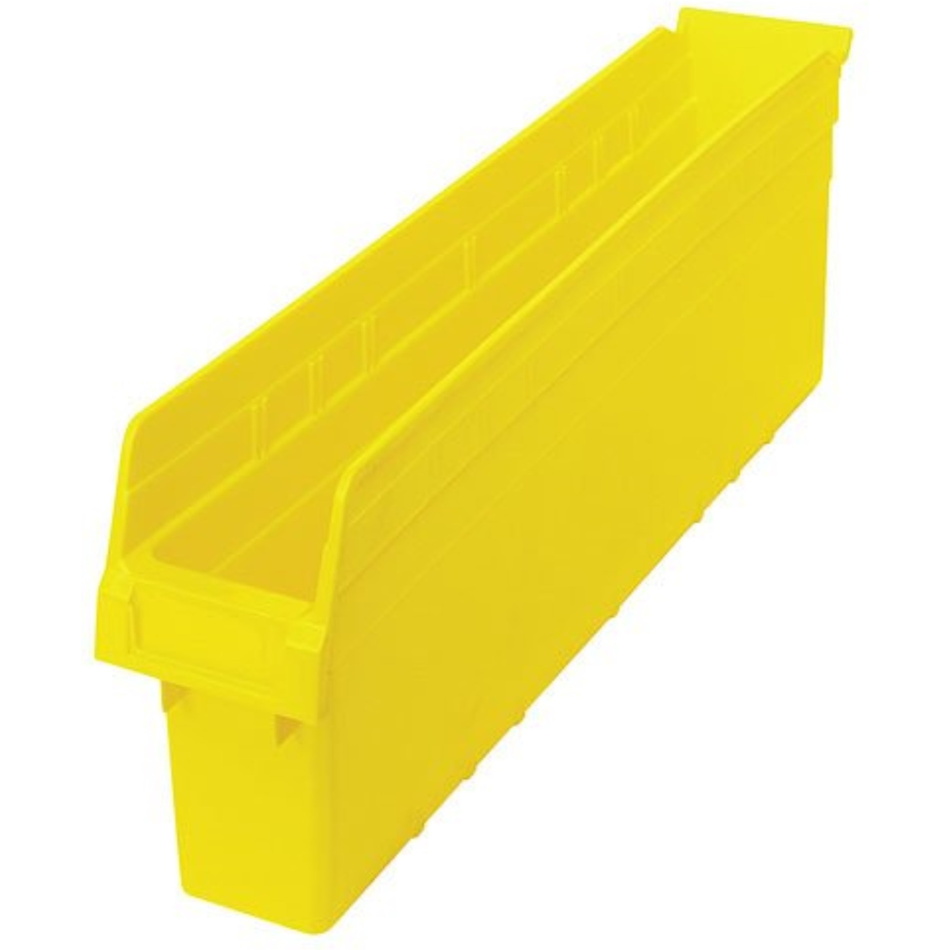 Economy Shelf Bin, nesting, 23-5/8W x 4-1/8D x 4H, (7) divider slots, rear hanglock, molded-in label holder, blue polyropylene, Made in USA