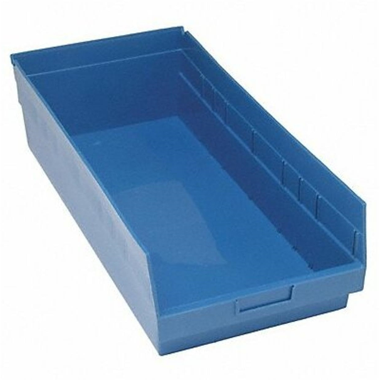 Economy Shelf Bin, nesting, 23-5/8W x 11-1/8D x 4H, (7) divider slots, rear hanglock, molded-in label holder, blue polyropylene, Made in USA