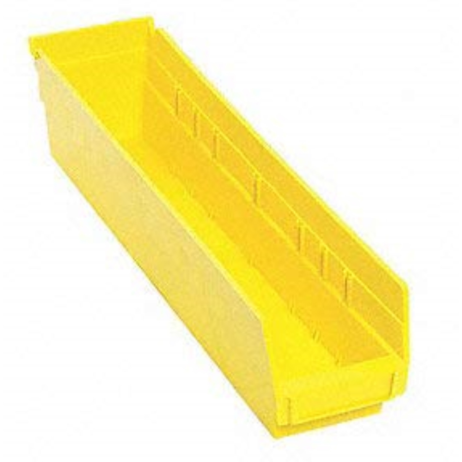 Economy shelf bin, 17-7/8W x 4-1/8D x 4H, includes (7) divider slots, rear hanglock, molded-in label holder, polypropylene, yellow, Made in USA